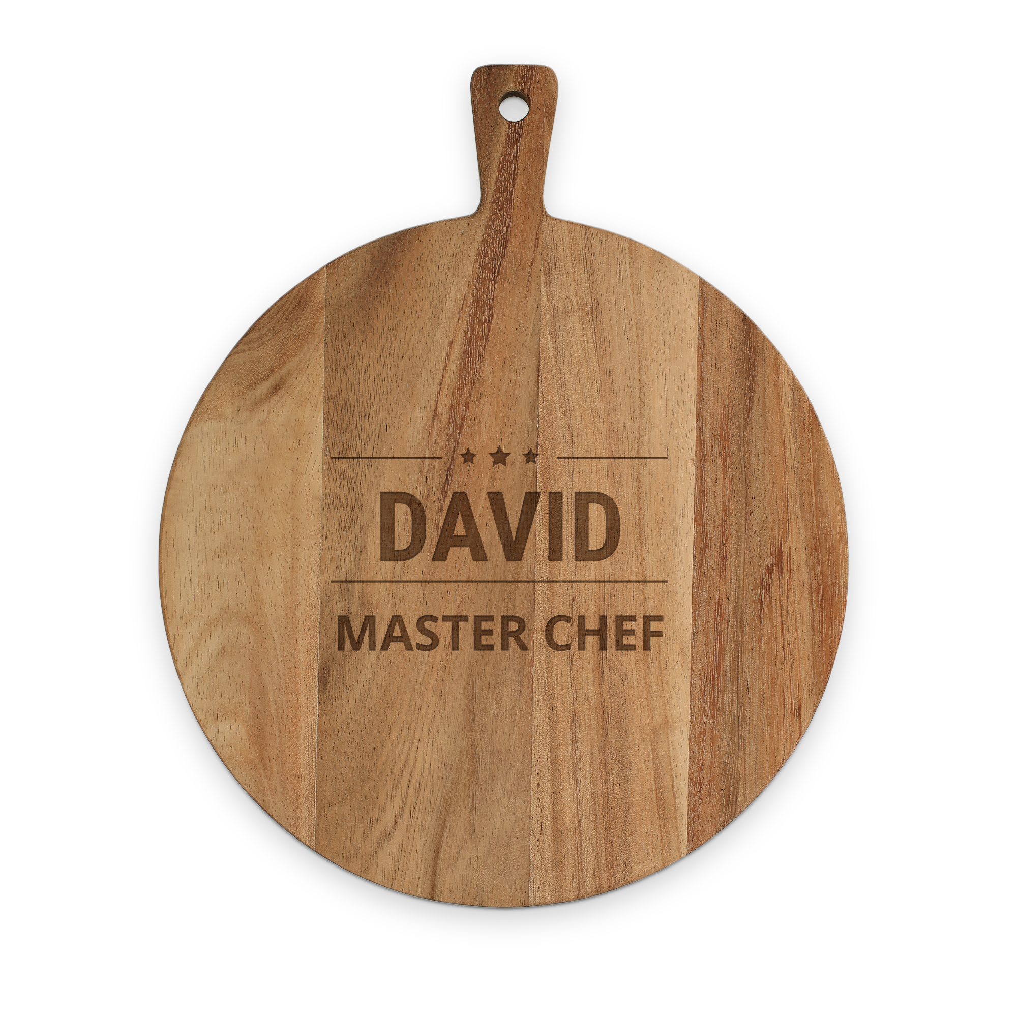 Kulatý dřevěný podnos s uchem, gravírovaný jménem DAVID a nápisem MASTER CHEF, k servírování pochoutek.