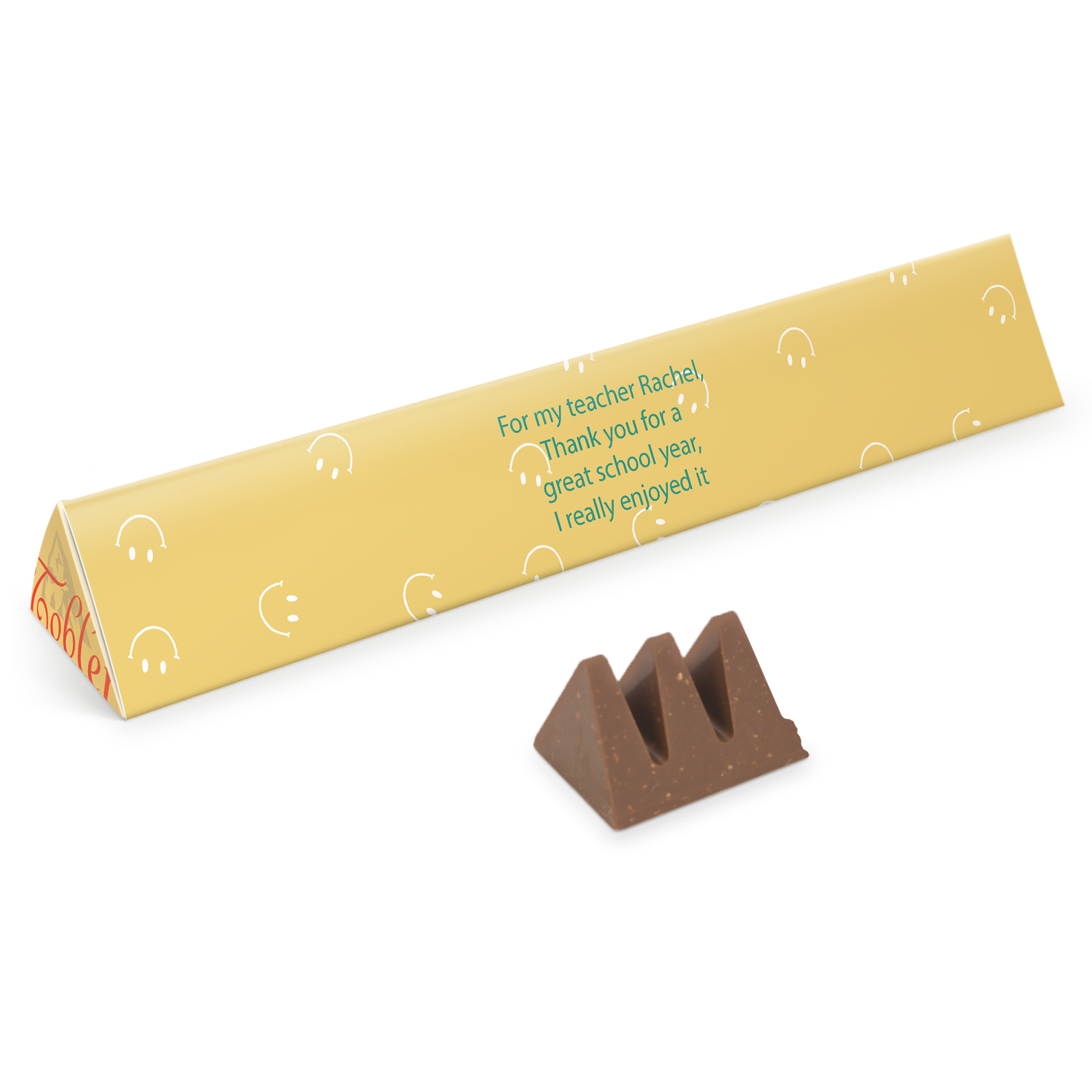 Personalized Giant Toblerone milk chocolate bar with a custom printed message For my teacher Rachel, Thank you for a great school year, I really enjoyed it