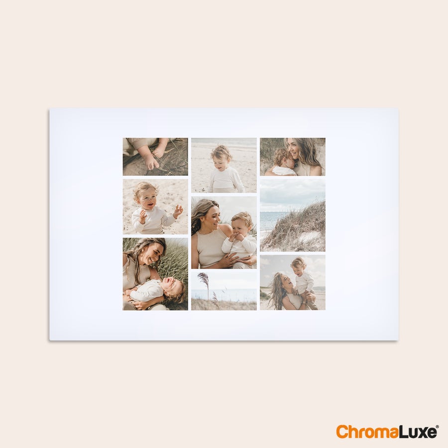 Instagram photo collage Aluminum Instagram photo collage printed with nine personalized photos of a mother and child at the beach