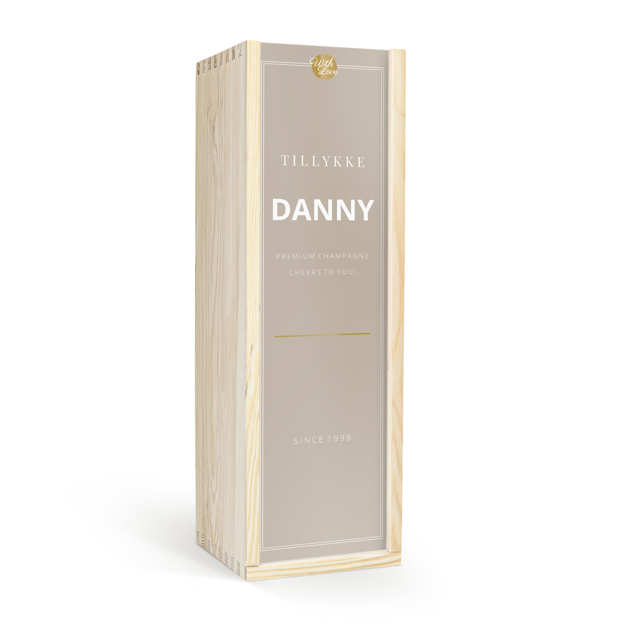 Personlig vin trækasse med teksten "Tillykke Danny" og "Since 1998" trykt på låget