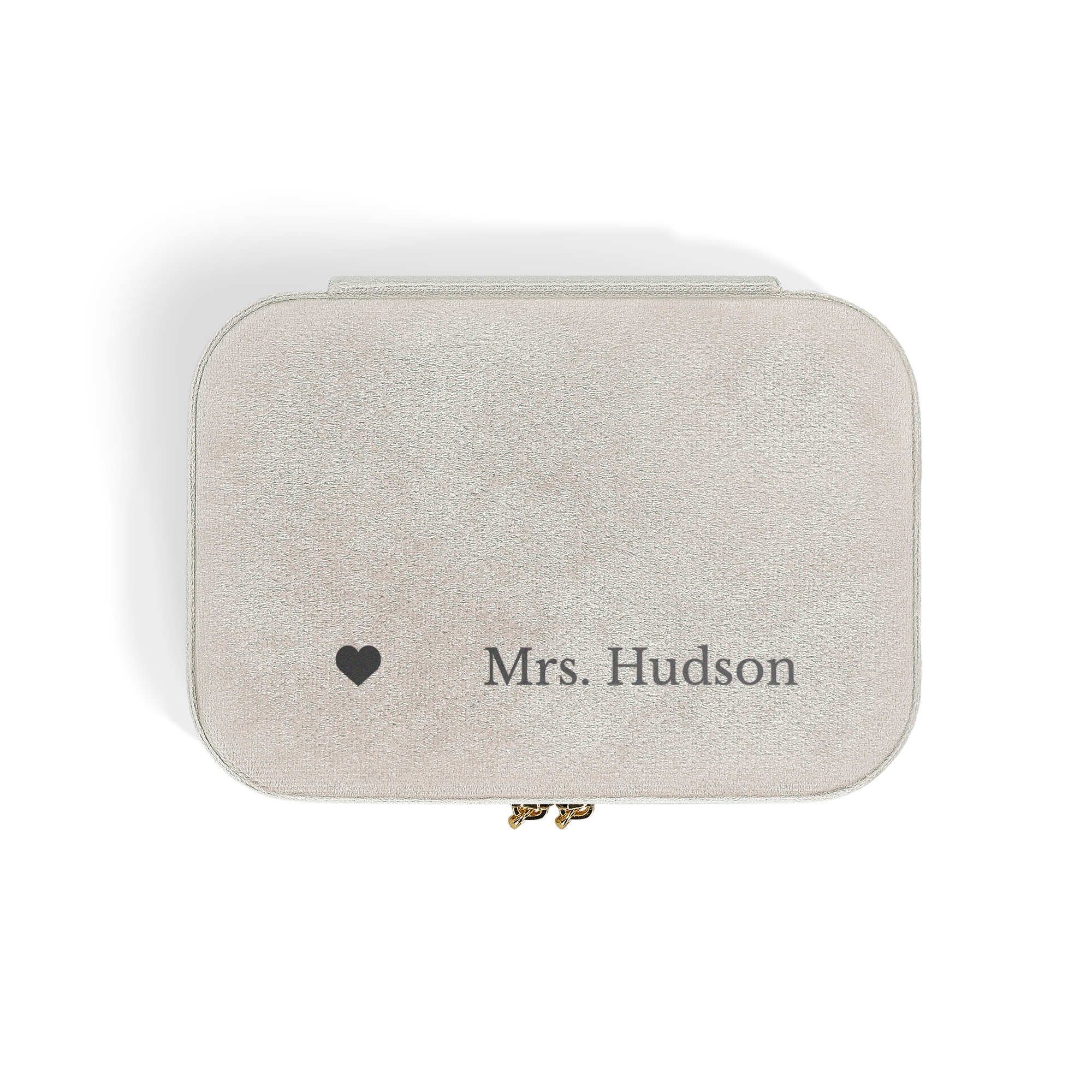 Personalised jewellery box - Rectangular - Beige, custom printed with a heart and Mrs Hudson, ideal for travel.