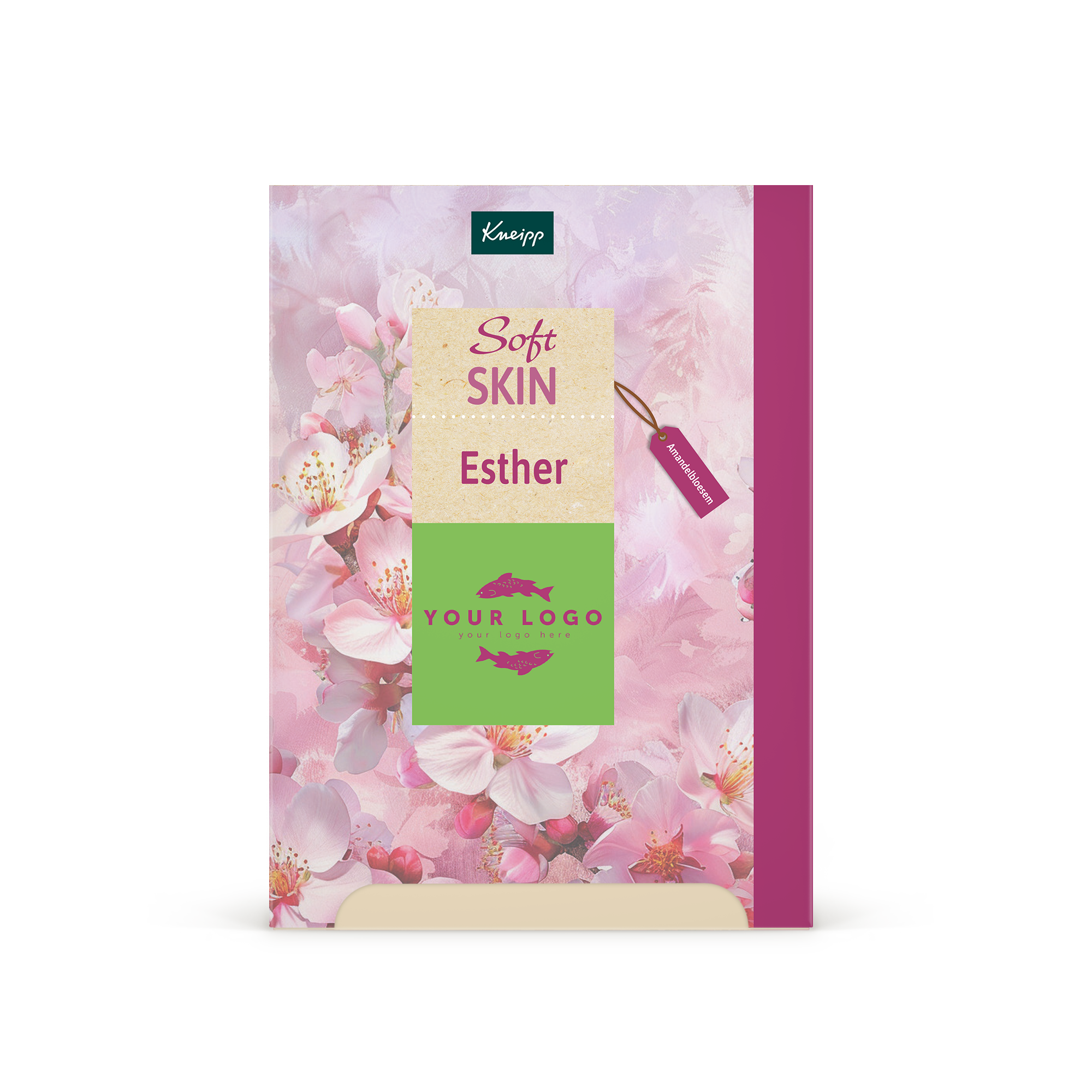 Gepersonaliseerde Kneipp Soft Skin - Vrouwen set gift box - Kneipp design met roze kersenbloesems en aanpasbare tekst Esther en eigen logo, bedrukt voor een uniek cadeau.