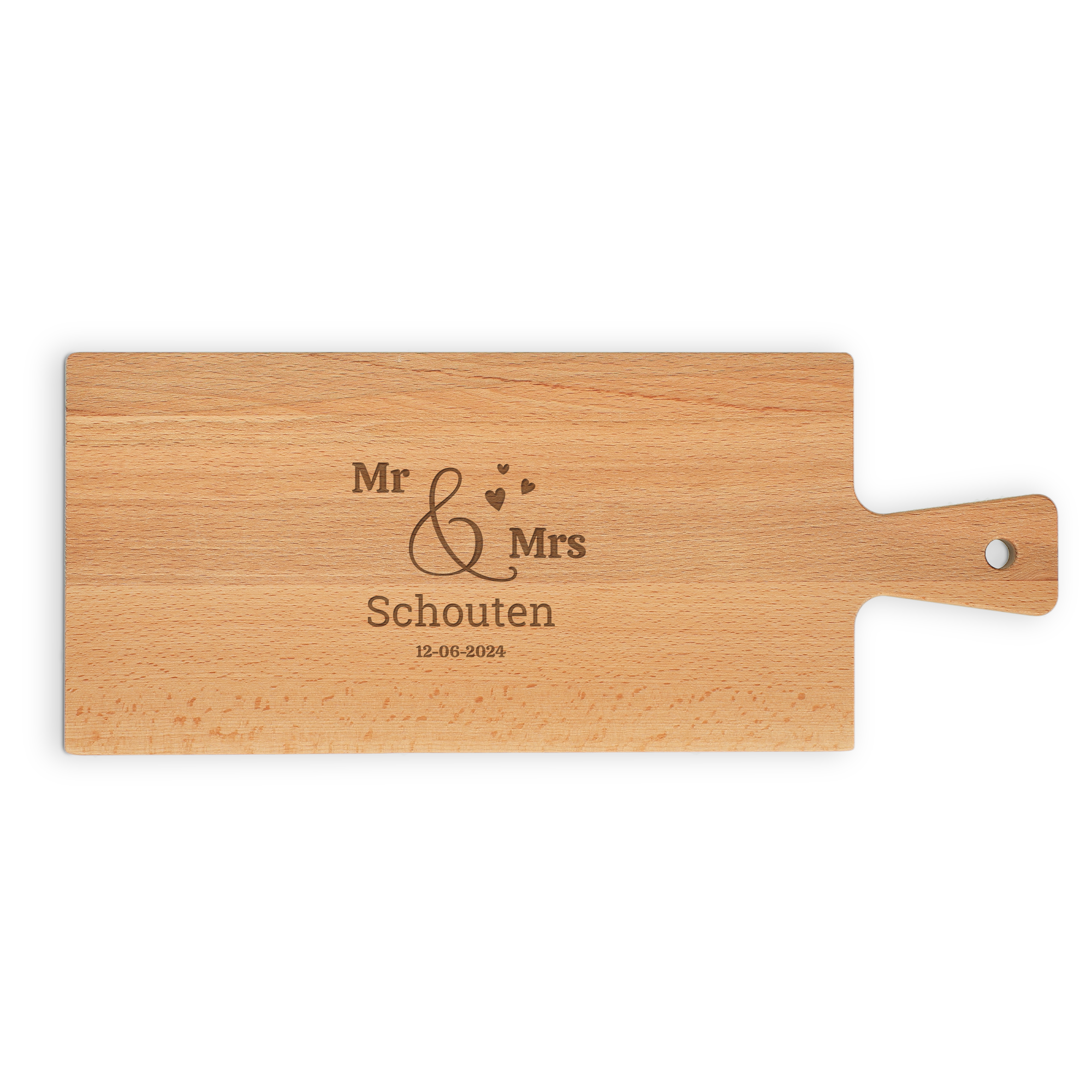 Persoonlijke houten serveerplank, gegraveerd met "Mr & Mrs Schouten 12-06-2024", perfect voor hapjes.
