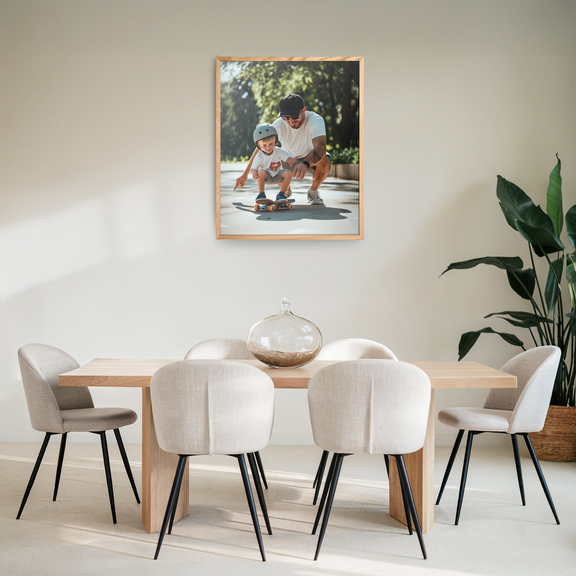 Personalized photo print with a wooden frame featuring a man teaching a child to skateboard.