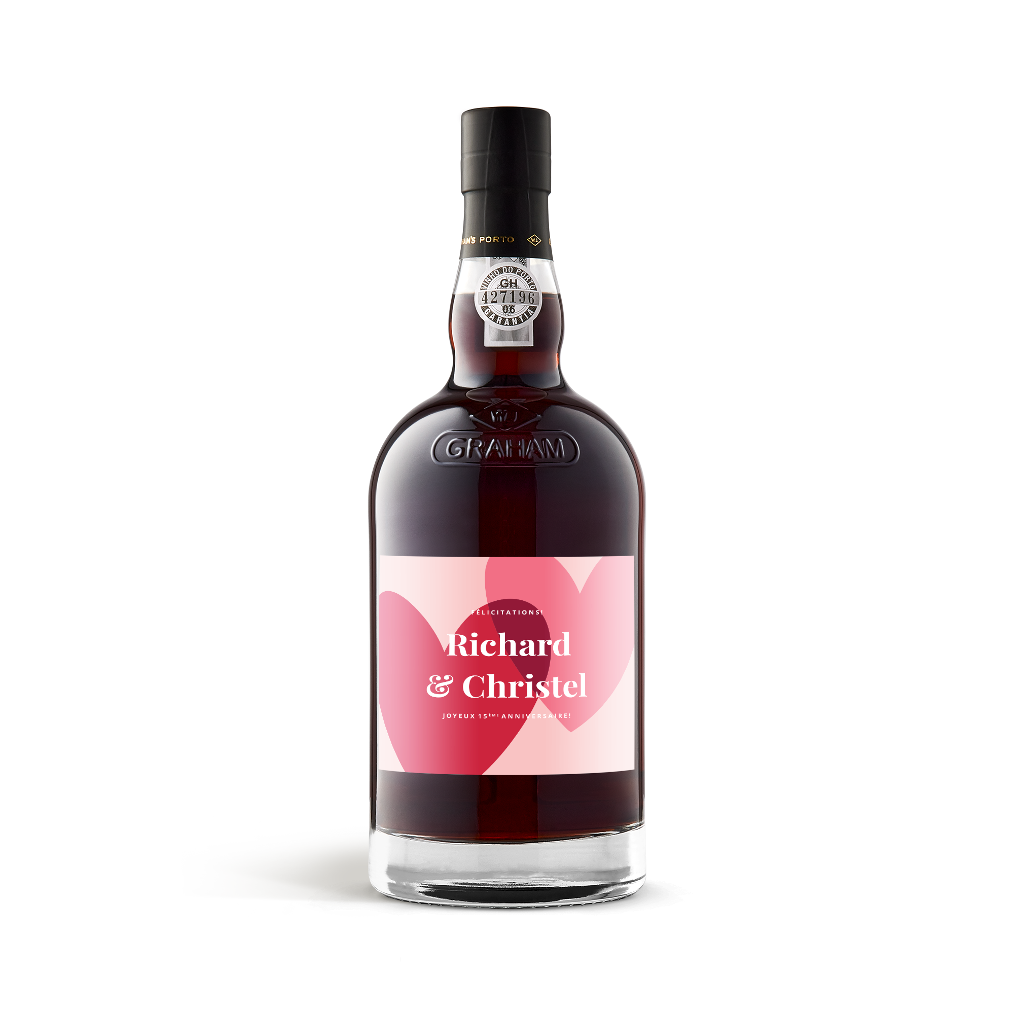Bouteille de porto Graham avec une étiquette personnalisée rose affichant les prénoms Richard et Christel et le texte joyeux 15ème anniversaire.