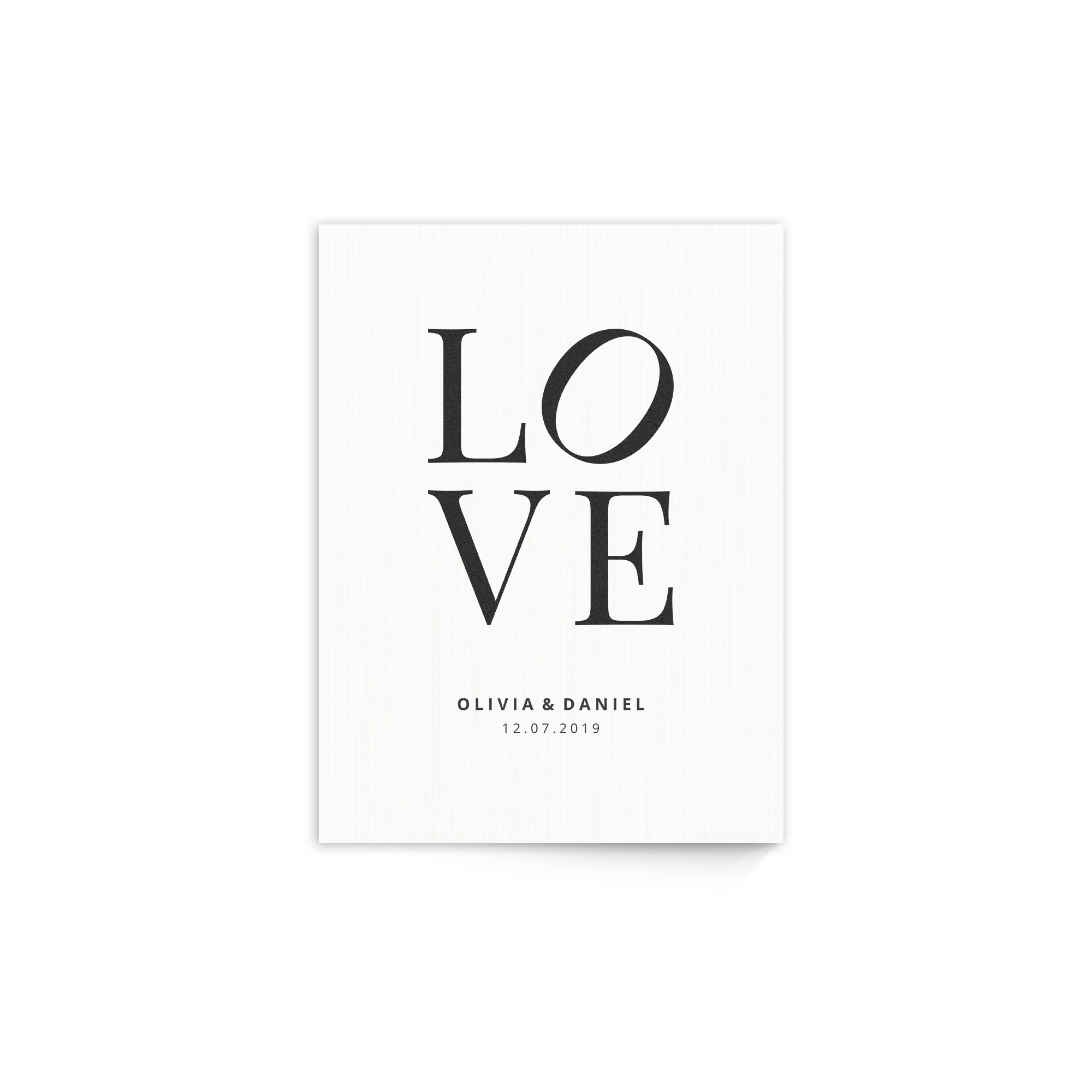 Personalized photo onto wood panel with the word LOVE, names Olivia & Daniel, and the date 12.07.2019 printed in black.
