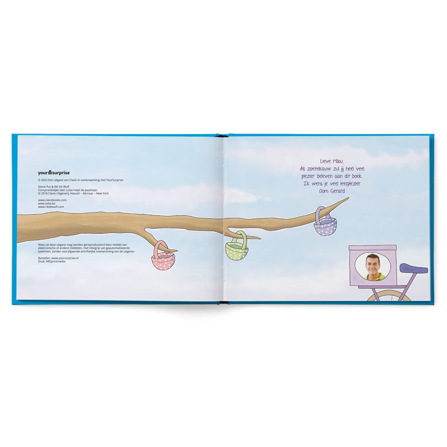 Open gepersonaliseerd kinderboek Ga samen met de kuikens op jacht naar de chocolade-eieren met een eigen foto en tekst "Lieve Milou"