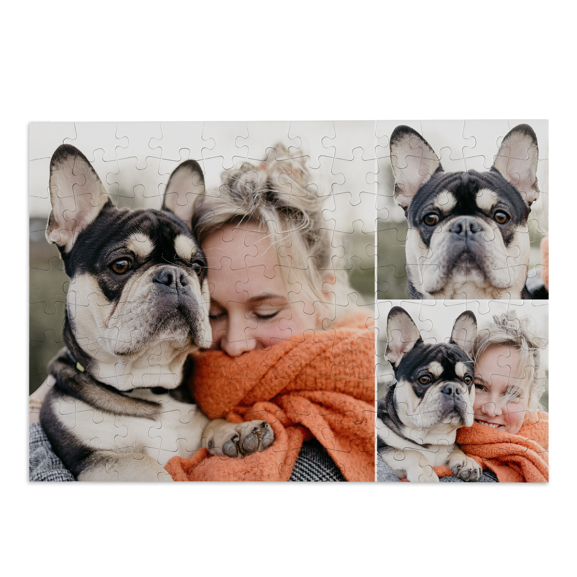 A personalized puzzle printed with a collage of photos featuring a woman and her dog