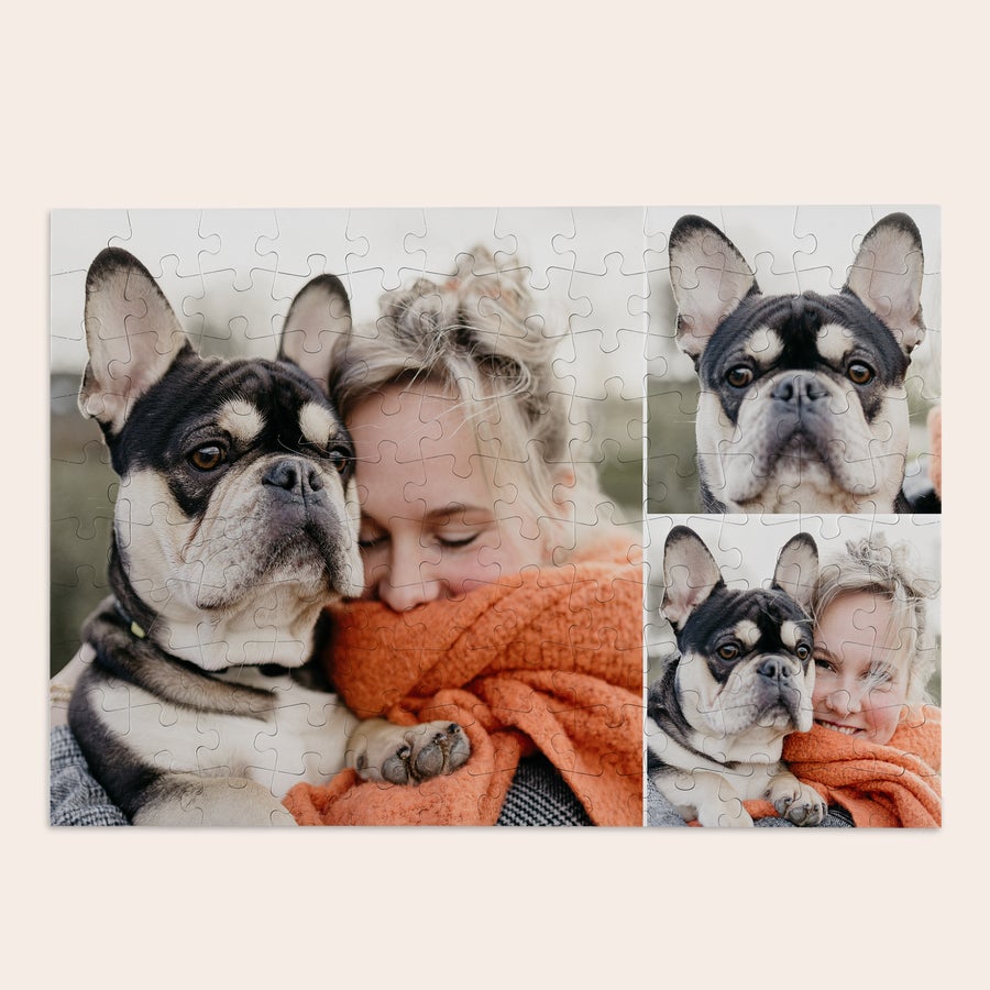Stort puslespil med eget billede Puslespil med foto af en kvinde og fransk bulldog som collage, perfekt til en du holder af