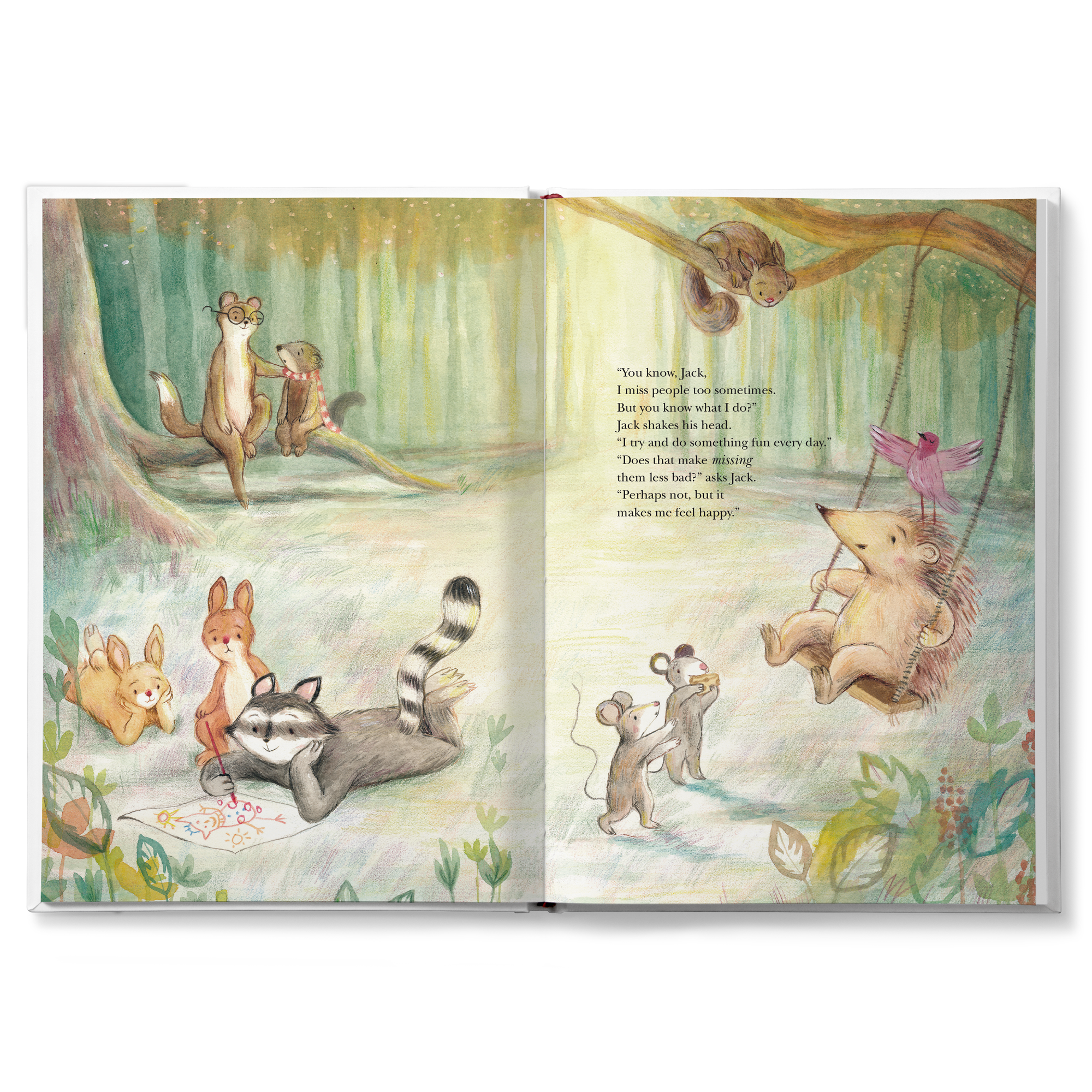 An open personalized book with an illustration of forest animals and text, a unique surprise for your teacher.