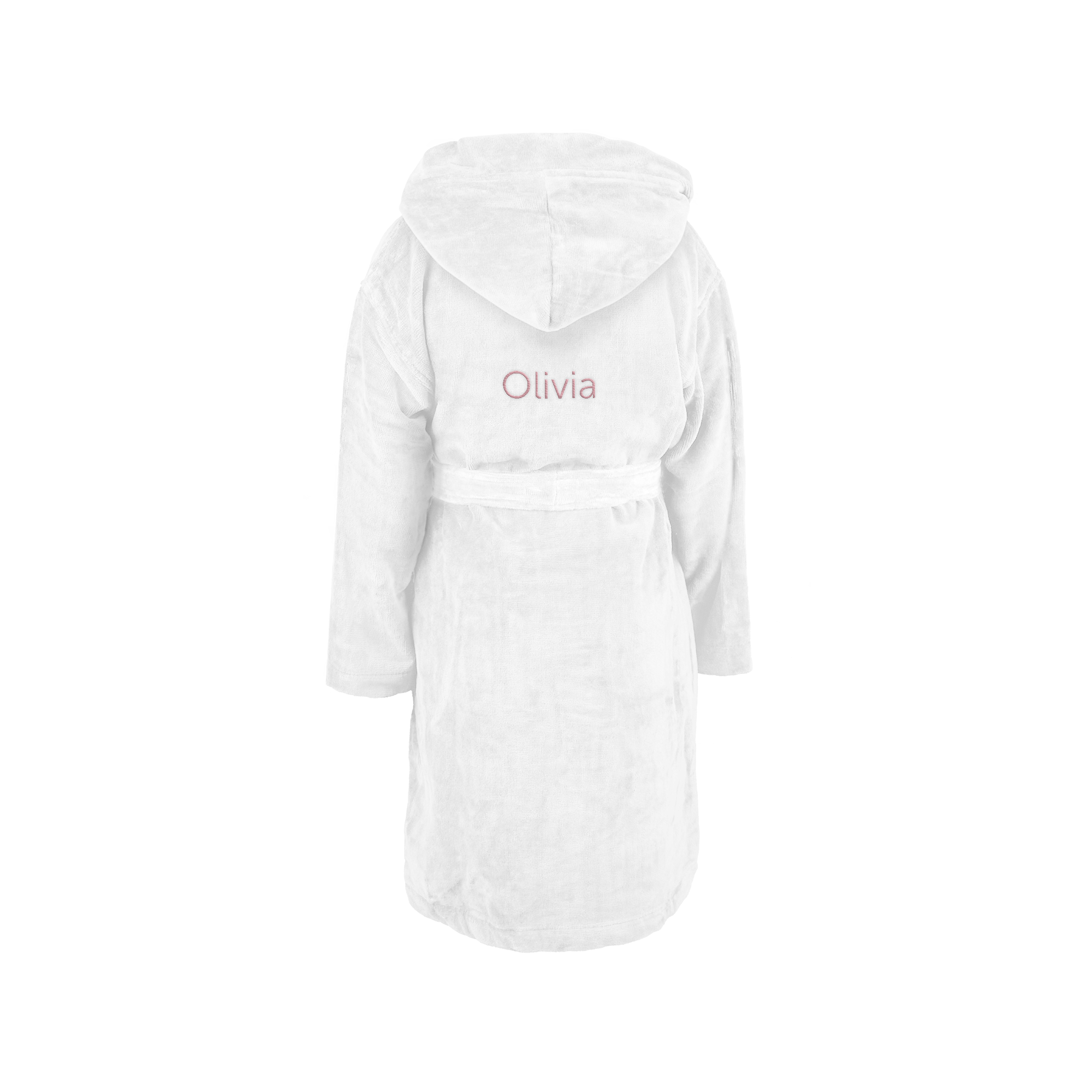 Weißer Kinderbademantel mit Kapuze und Gürtel, bestickt mit dem Namen "Olivia" auf dem Rücken.