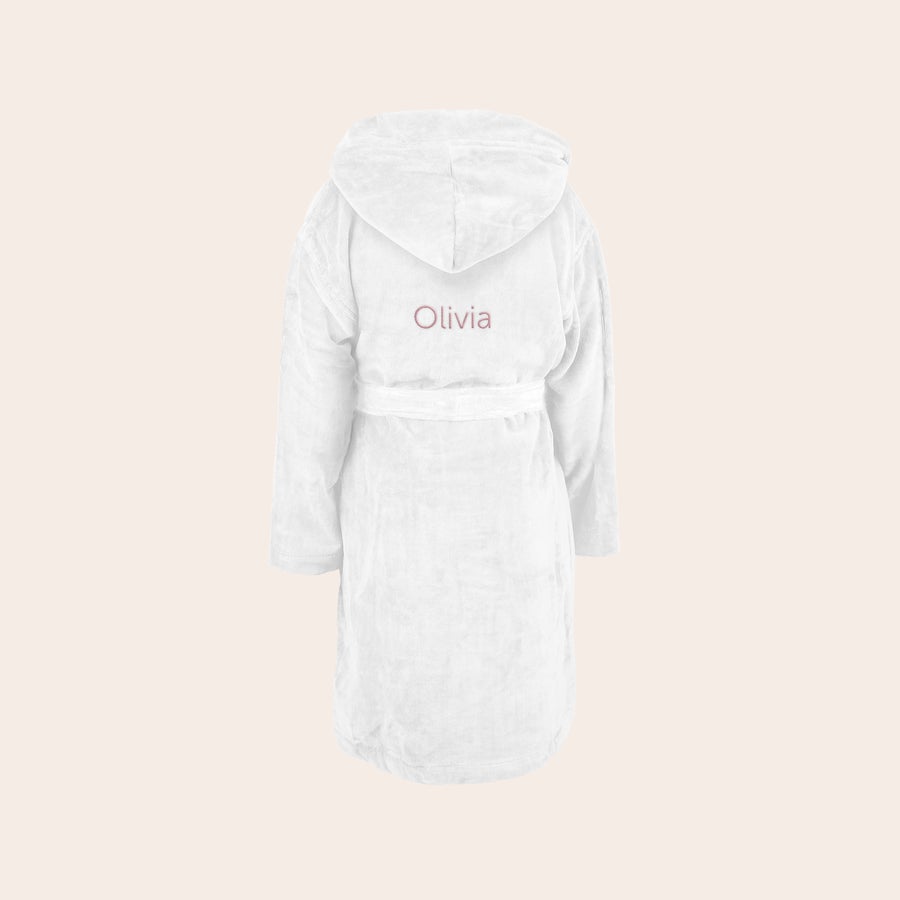 Roupão de banho para crianças Roupão macio branco com capuz, personalizado com o nome Olivia bordado em rosa. Surpreenda os mais pequenos.