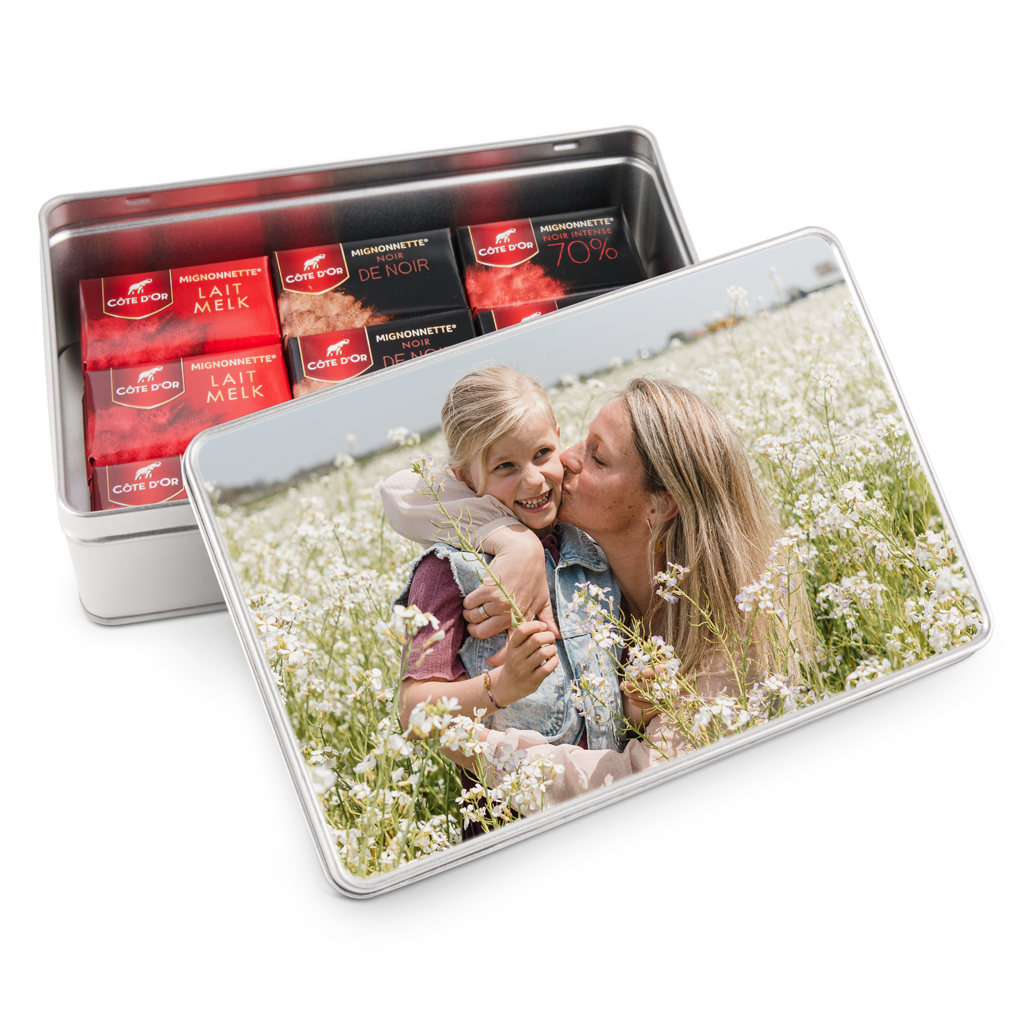 Cutie cadou personalizata cu fotografia unei mame si a fiicei, umpluta cu ciocolata Côte d'Or.