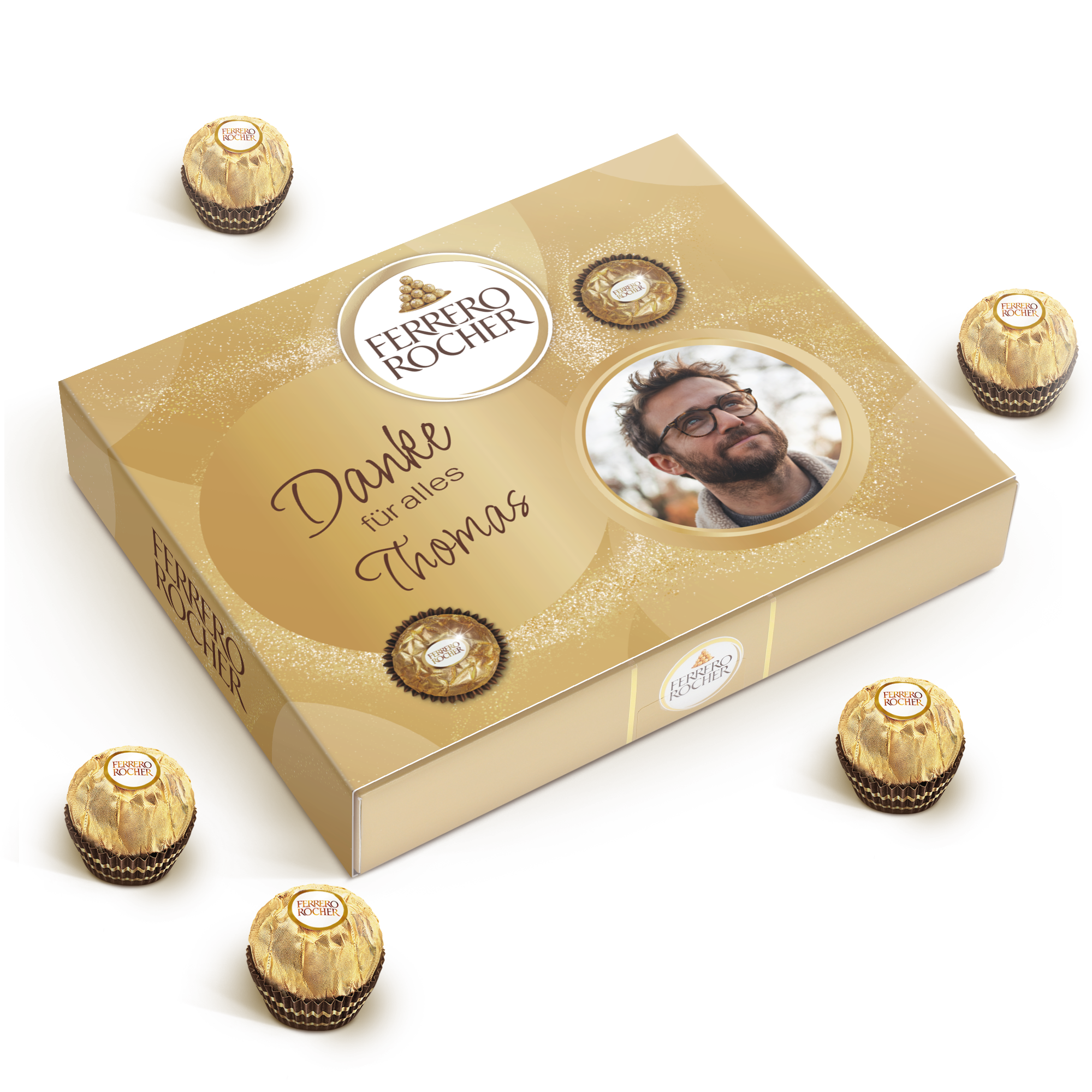 Personalisierte Ferrero Rocher Box mit dem gedruckten Text Danke für alles Thomas und einem eigenen Foto