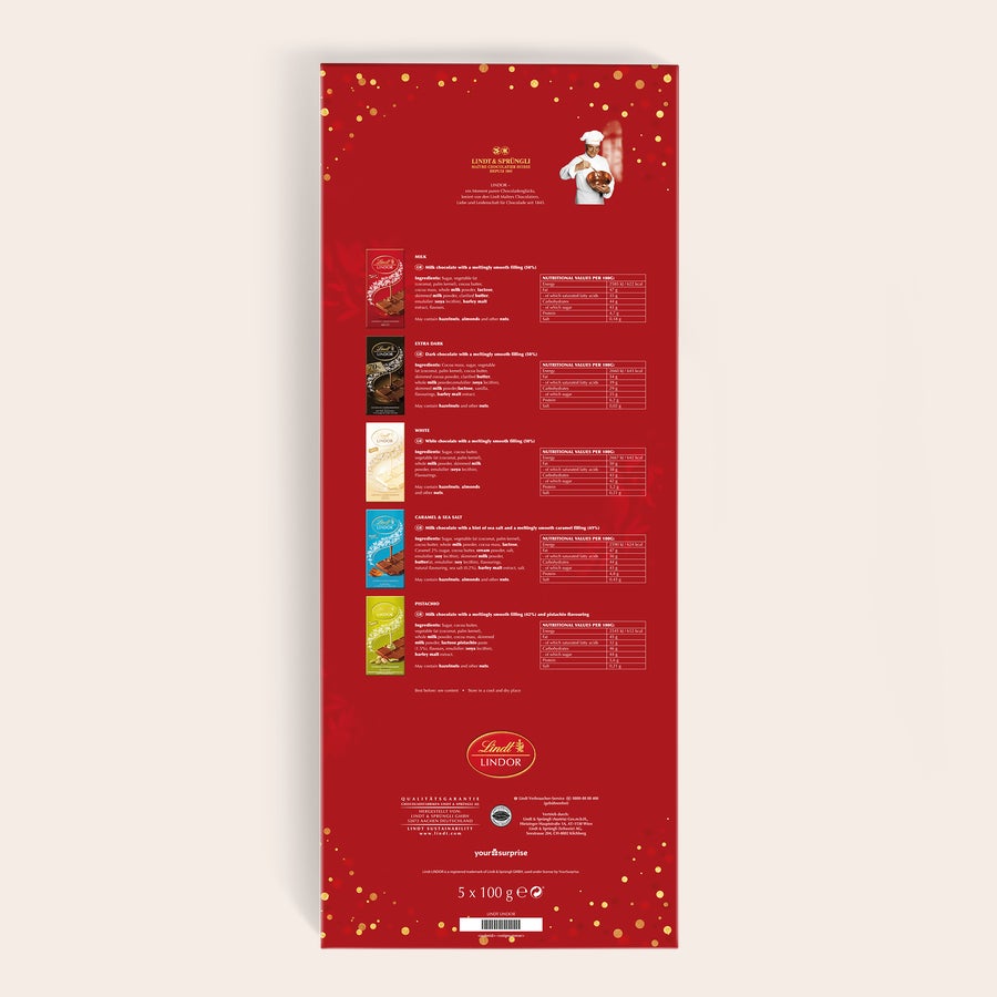 Barra de chocolate XL Lindor Caja de regalo de chocolate XL Lindor con envoltorio rojo, burbujas doradas y textos informativos.