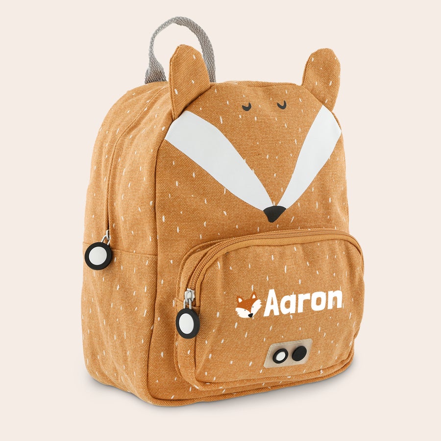 Kindergartenrucksack mit Namen - Trixie Kindergartenrucksack Fuchs in Beige mit weißem Namen Aaron und Fuchskopf gedruckt, mit Haupt- und Frontfach