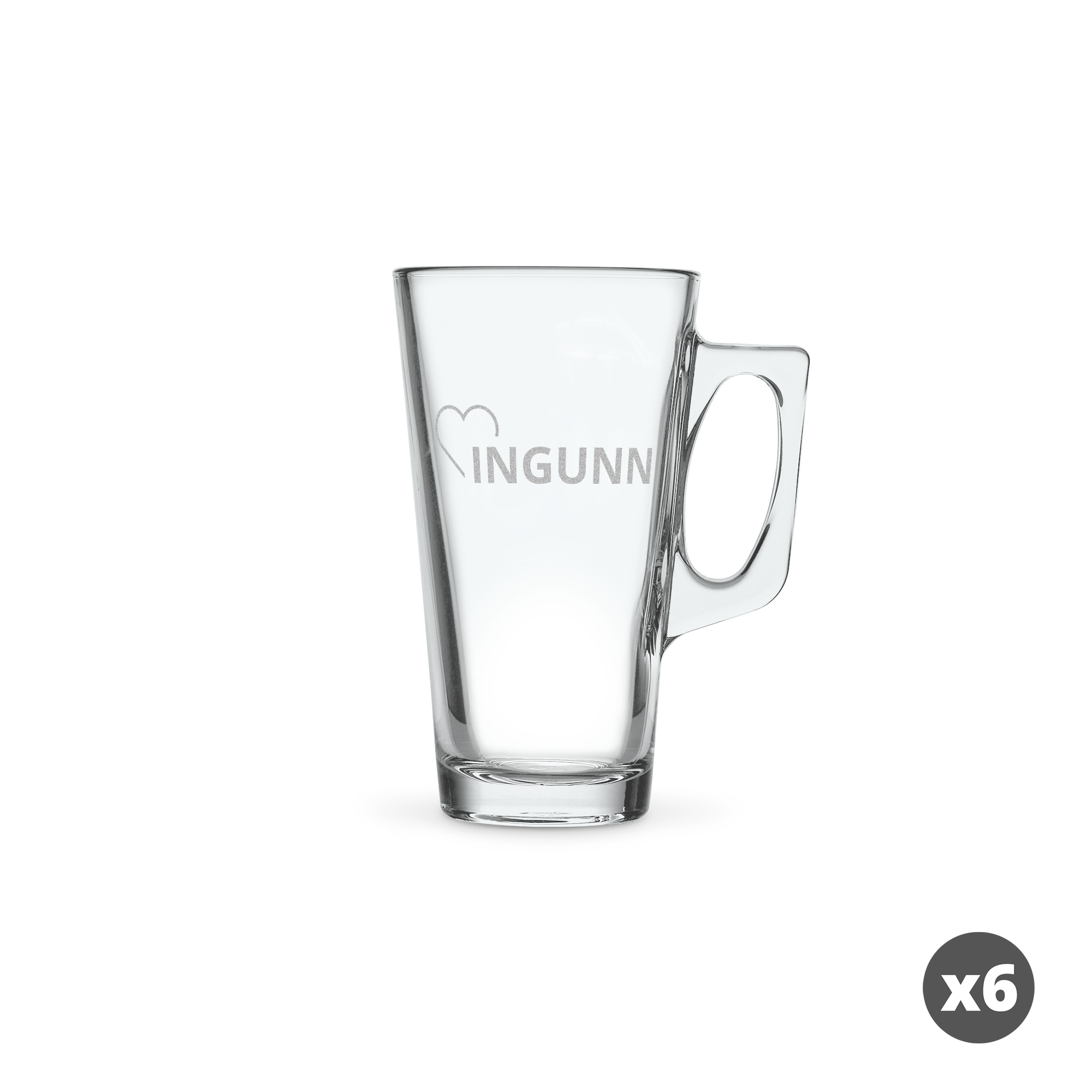 Personlig kaffeglass i glass, gravert med navnet Ingunn og hjerte. Nyt en deilig latte macchiato.