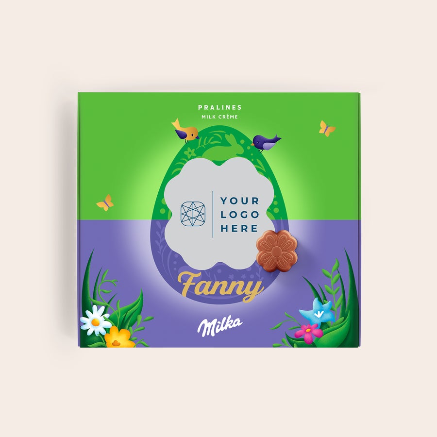 Personliga Milka presentförpackning - Påsk Personlig Say it with Milka-chokladpresentförpackning med påsktema. Boxen är tryckt med namnet Fanny och plats för eget foto.