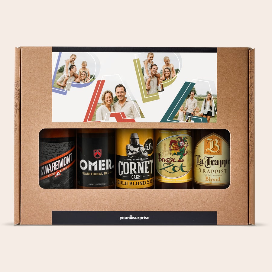 Coffret bière personnalisé - Anniversaire Coffret cadeau de bière avec cinq bières, personnalisé avec des photos imprimées sur le couvercle