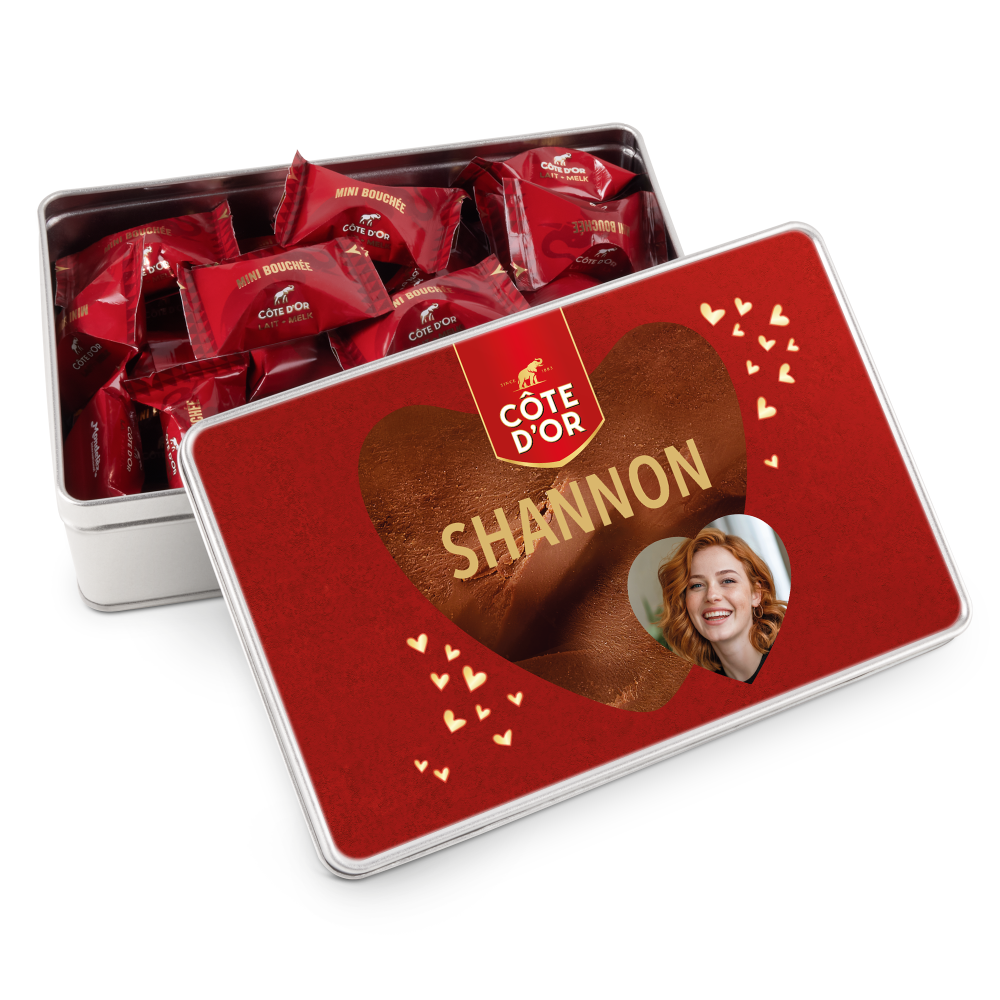 Presentburk fylld med Côte d'Or Mini Bouchée-choklad. Locket är tryckt med ett hjärta, namnet Shannon och en personlig bild.