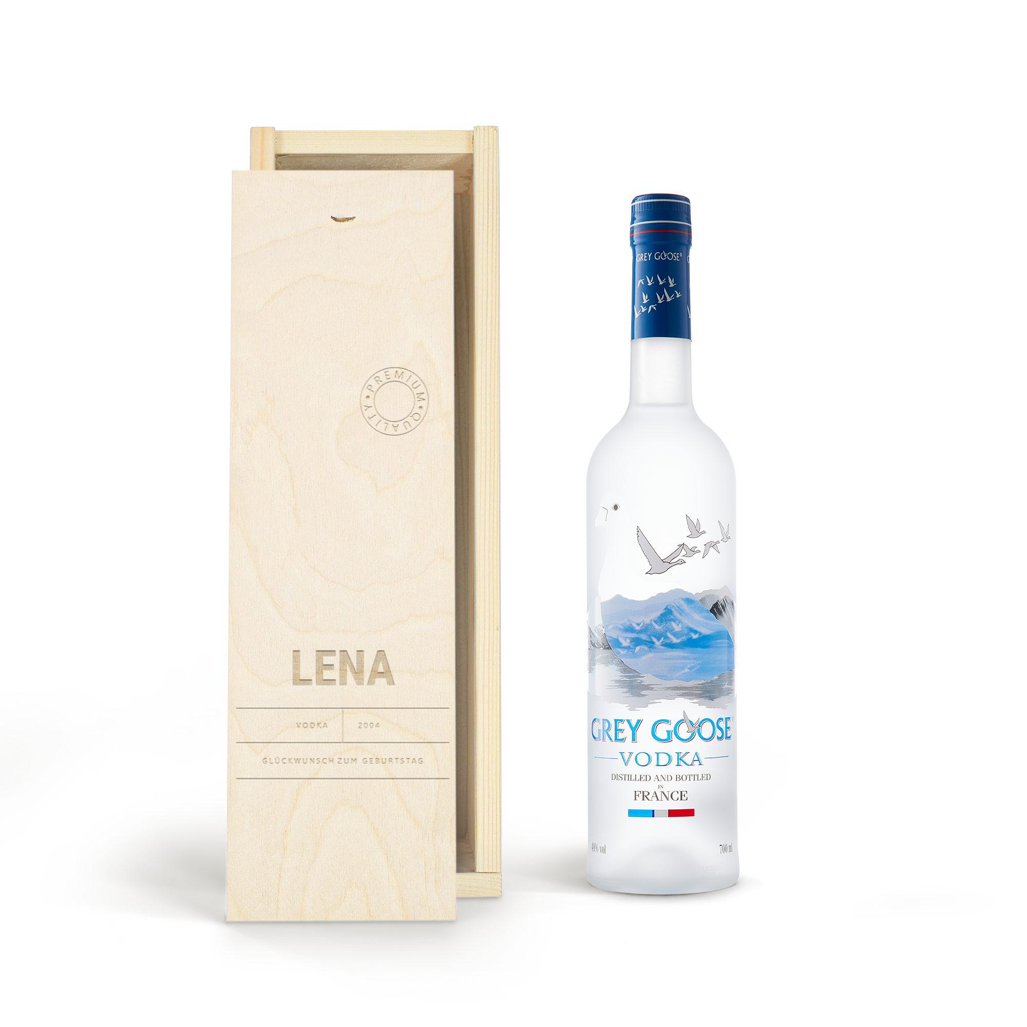 Personalisierter Grey Goose Vodka in Holzkiste mit Lasergravur von Name Lena und Glückwünsch zum Geburtstag