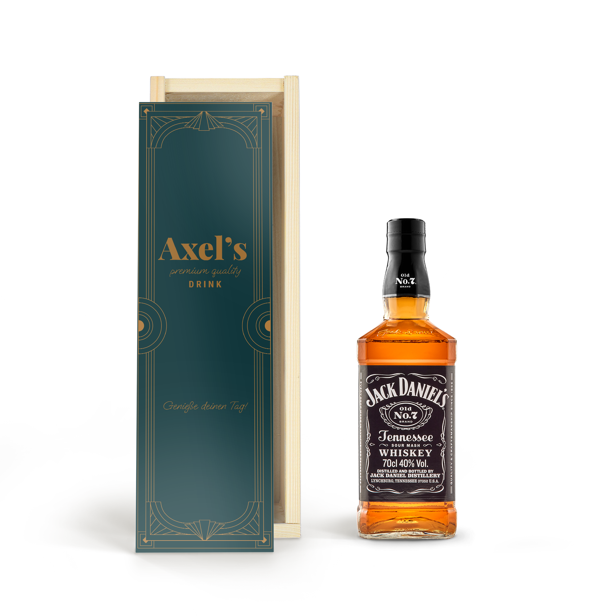 Eine Flasche Jack Daniels in einer personalisierten Holzkiste mit Aufdruck Axel's und dem Text Genieße deinen Tag!