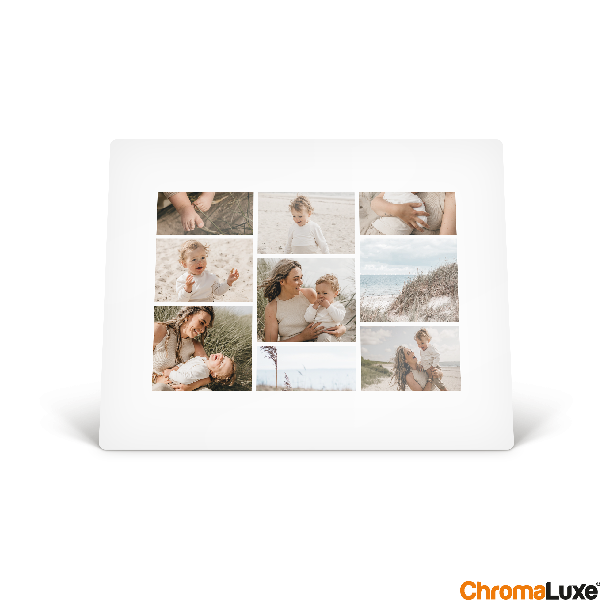 ChromaLuxe aluminum photo frame with a printed photo collage of a family at the beach