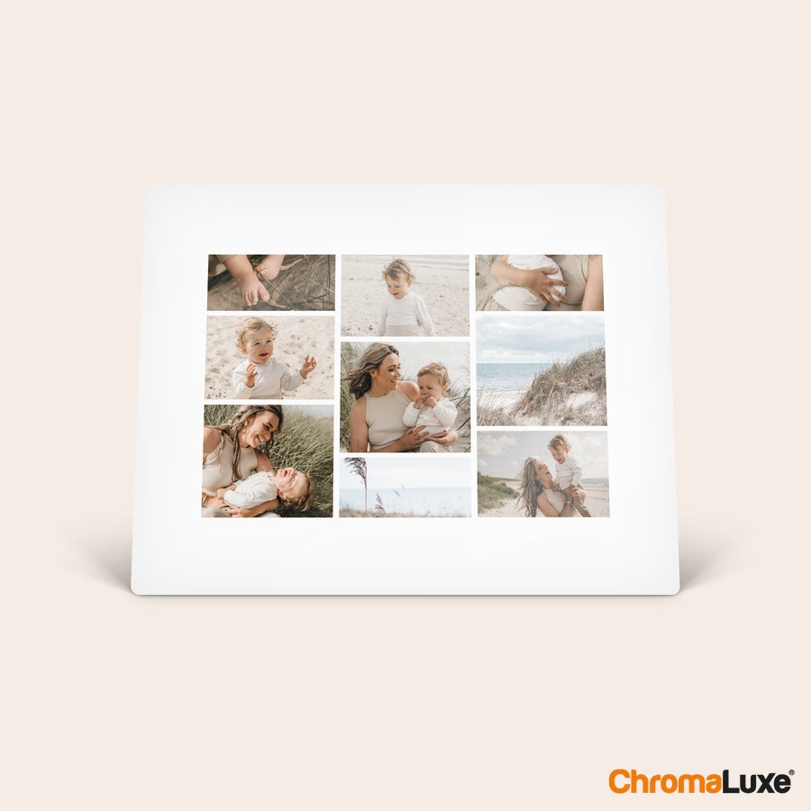 Aluminum photo frame ChromaLuxe aluminum photo frame with a printed photo collage of a family at the beach