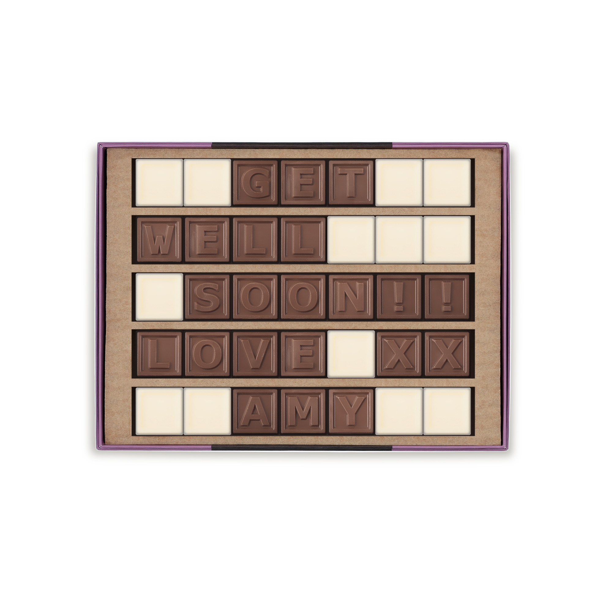 Dit personlige chokoladetelegram formet som GET WELL SOON!! LOVE XX AMY med bogstaver i mælkechokolade og hvidchokoladefyld.
