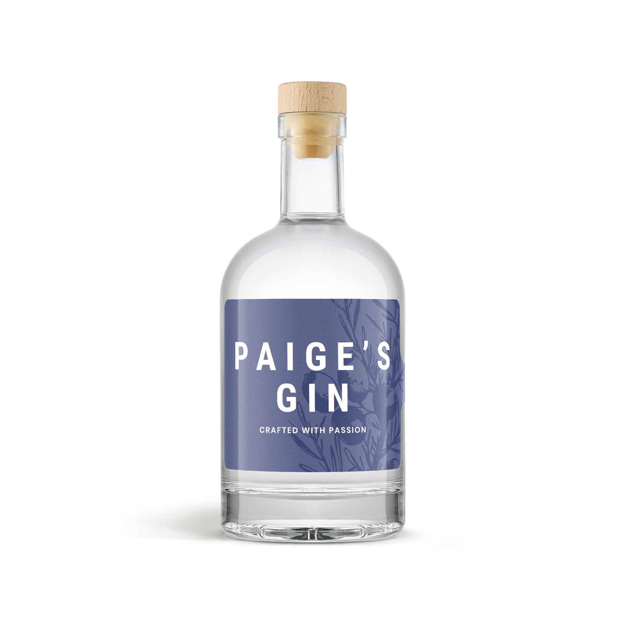 Butelka ginu z etykietą zadrukowaną imieniem Paige oraz tekstem Crafted with Passion