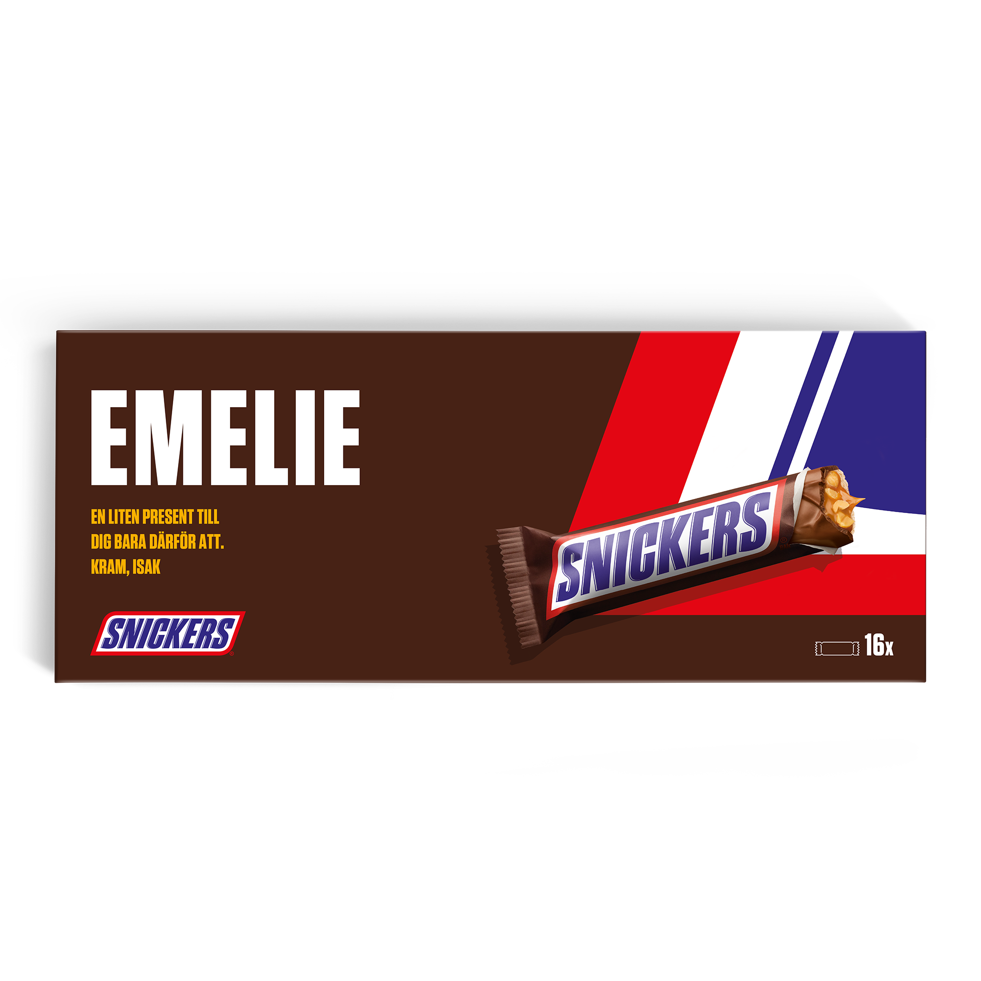 Personlig gigantisk Snickersbar i choklad med namnet EMELIE och meddelande tryckt på presentasken