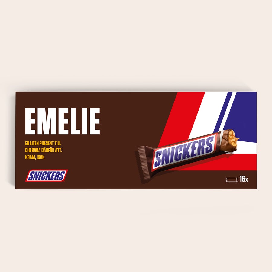 Personlig XXL Snickersbar Personlig gigantisk Snickersbar i choklad med namnet EMELIE och meddelande tryckt på presentasken