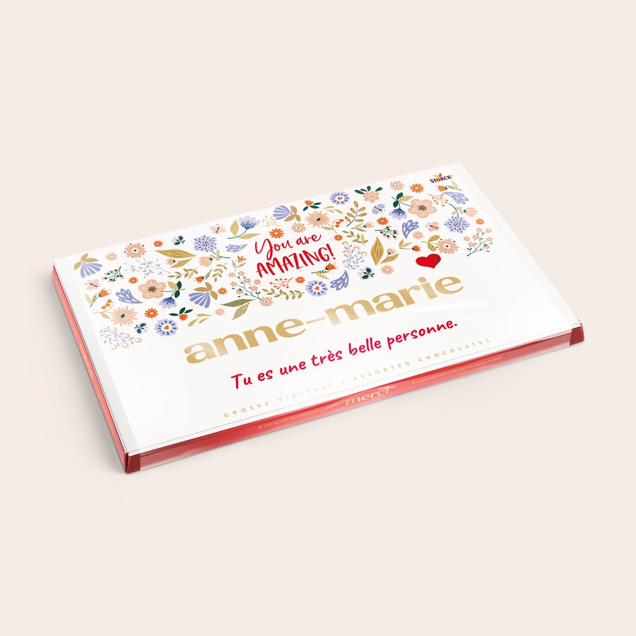 Chocolat Merci Finest Selection avec carte de vœux Mélange de chocolats Merci Finest Selection avec carte personnalisée 400 grammes avec motif floral et le nom Anne-Marie
