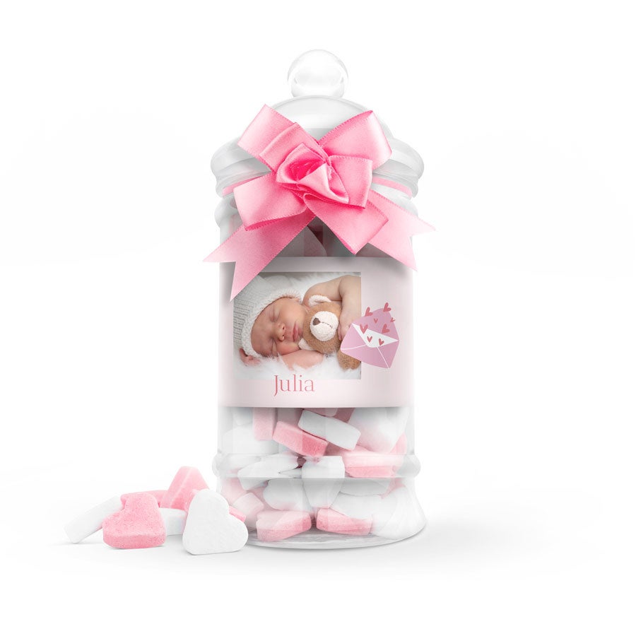 Hjerteformet godteri i tåteflaske (rosa) - sett med 10