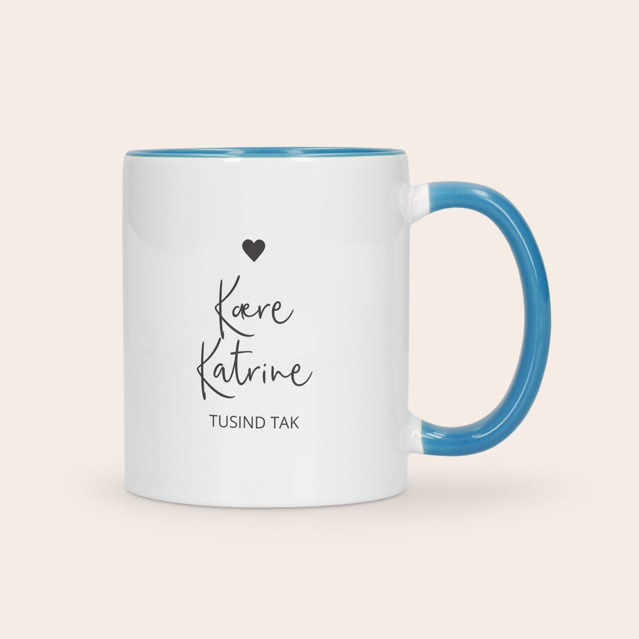 Farverig krus Flot farverigt krus med billede, trykt med navn Katrine og teksten TUSIND TAK, som en personlig gave.