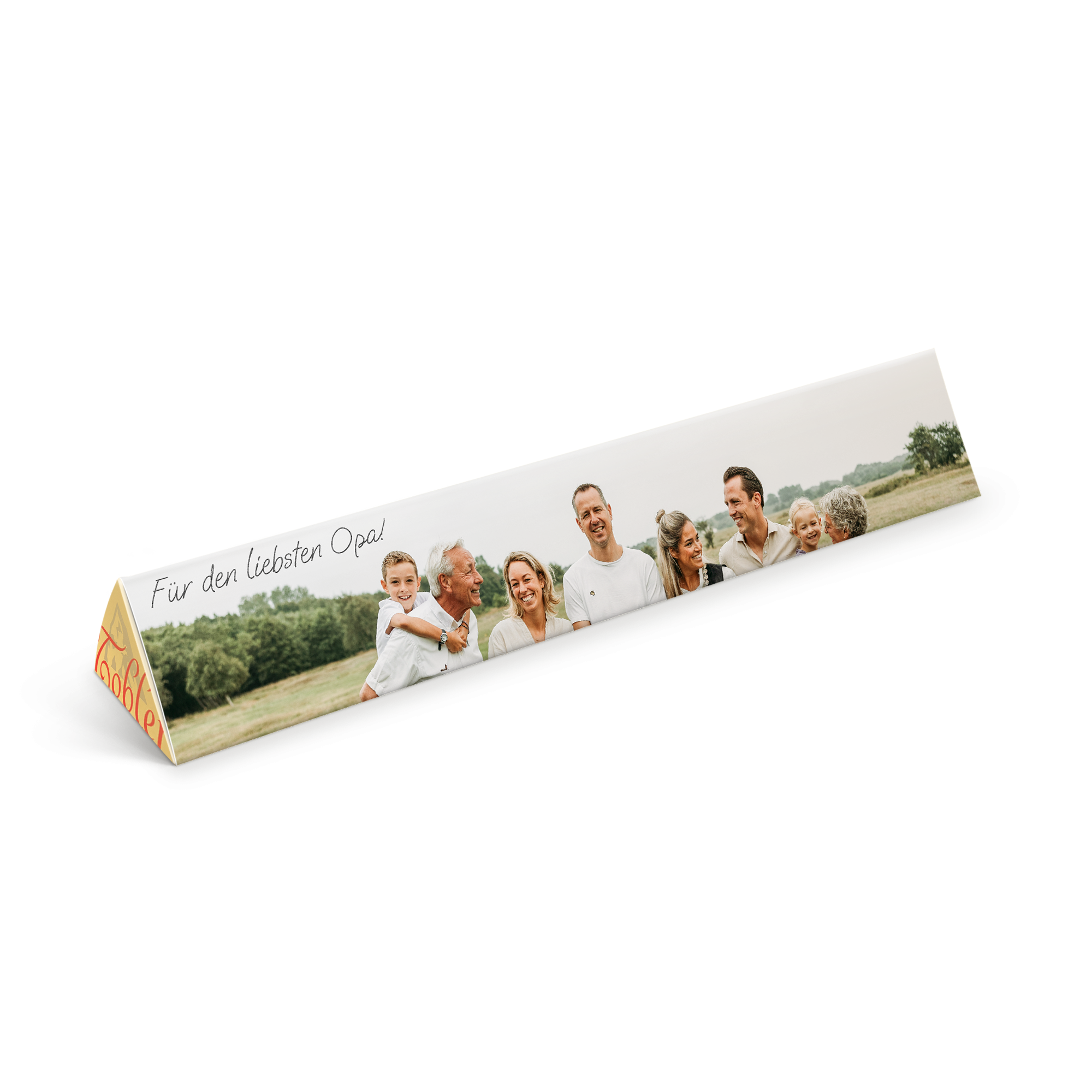 Personalisierte Toblerone Schokolade mit Familienfoto und dem Spruch Für den liebsten Opa gedruckt