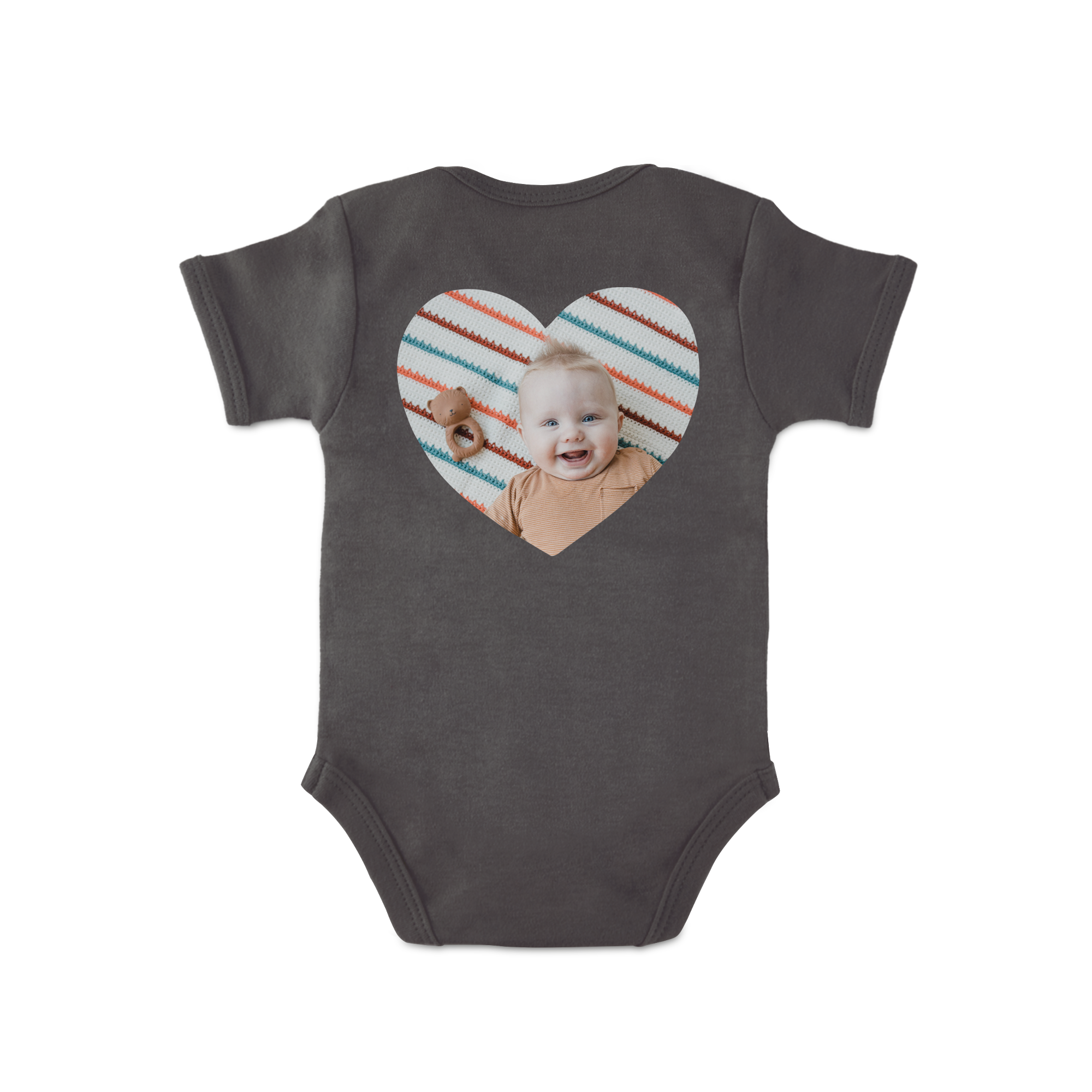 Body de bebé cinzento com foto personalizada de um bebé sorridente, ideal para surpreender os recém papás