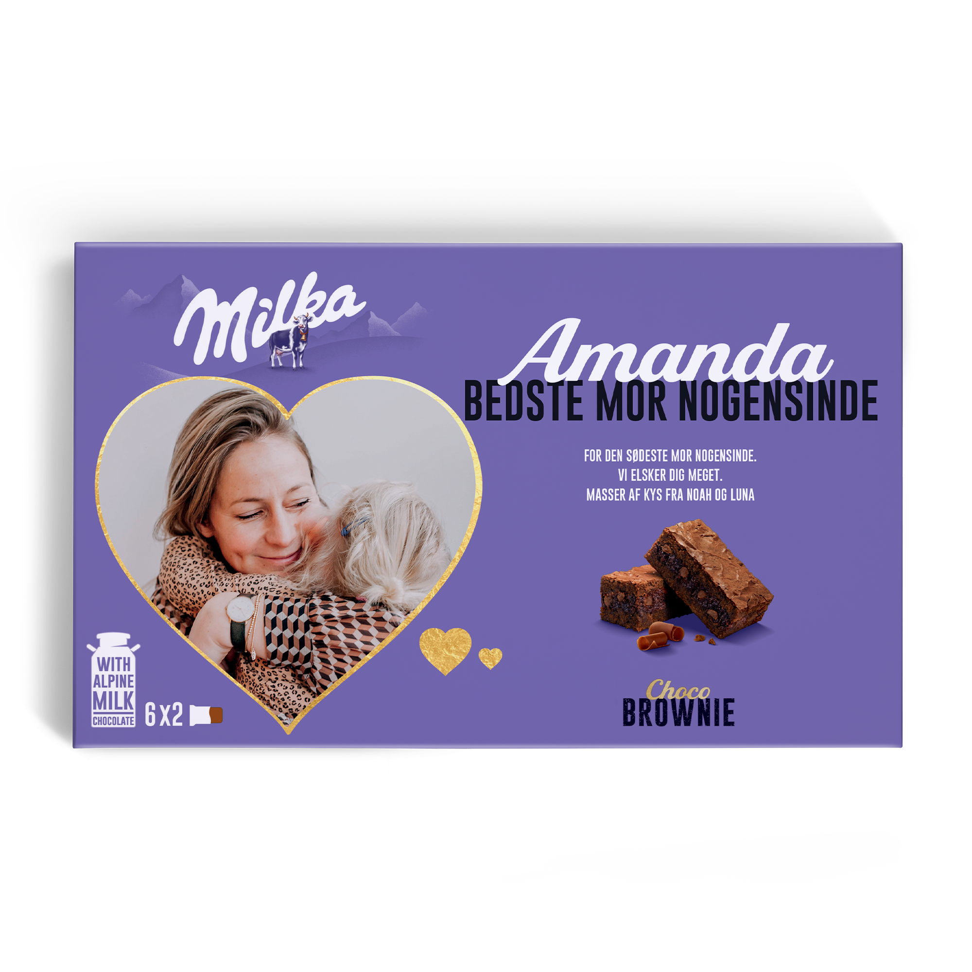 Milka Choco Brownie gaveæske med navn Amanda, foto i hjerteform og personlig hilsen, printet i fuld farve