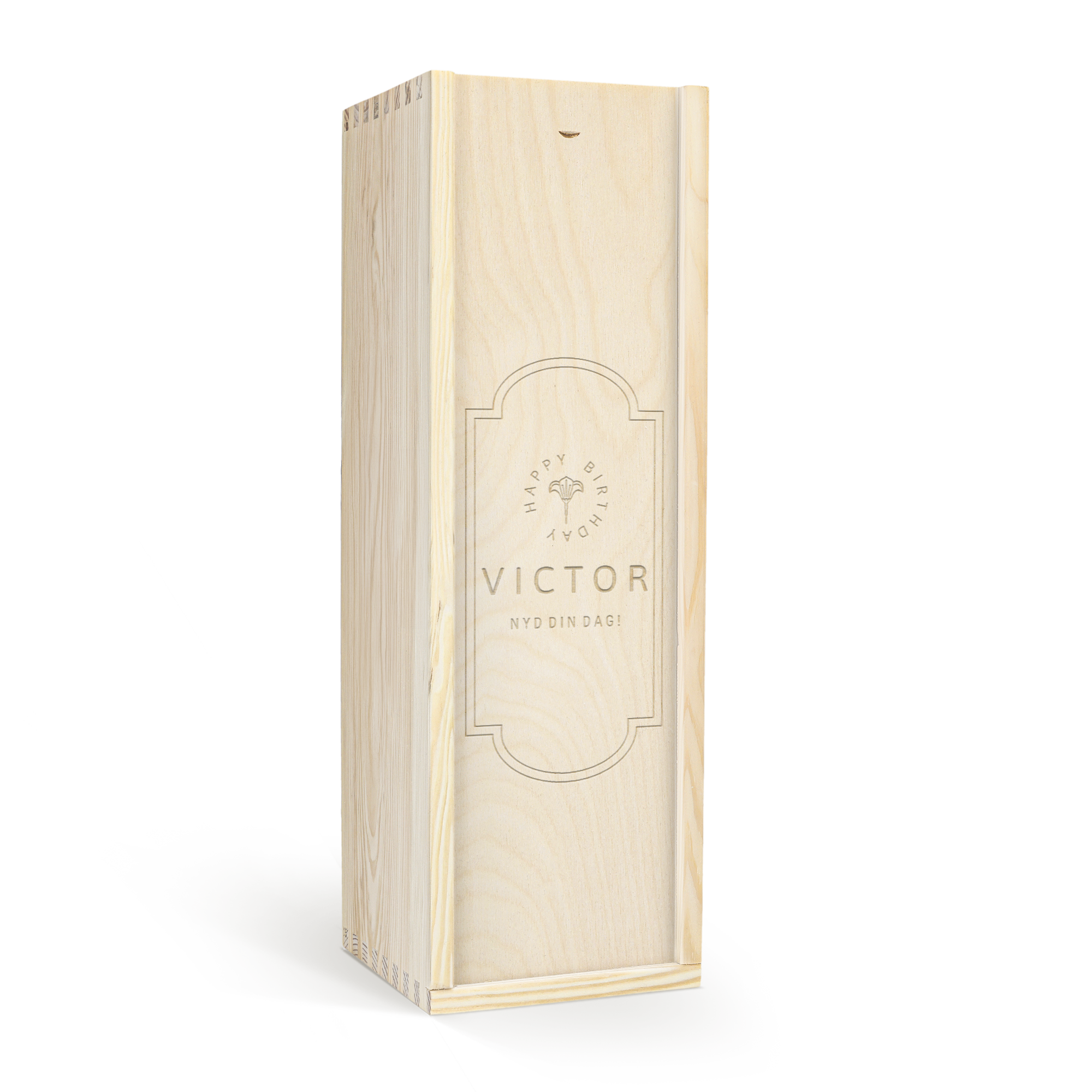 Luksusgraveret vinboks med Happy Birthday Victor Nyd Din Dag tekst