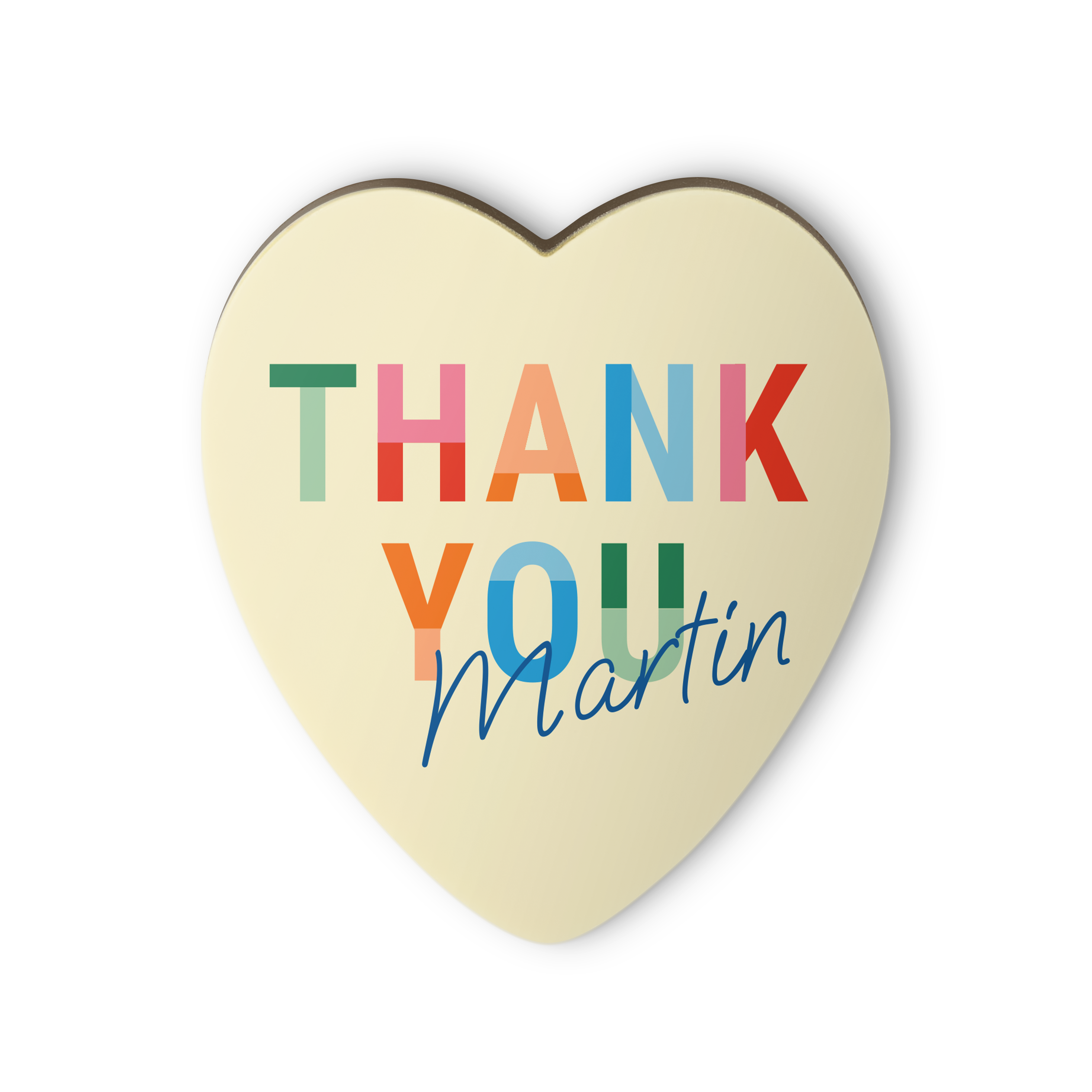 Cuore di cioccolato bianco personalizzato con il testo multicolore Thank You e il nome Martin per colpire al cuore con del cioccolato