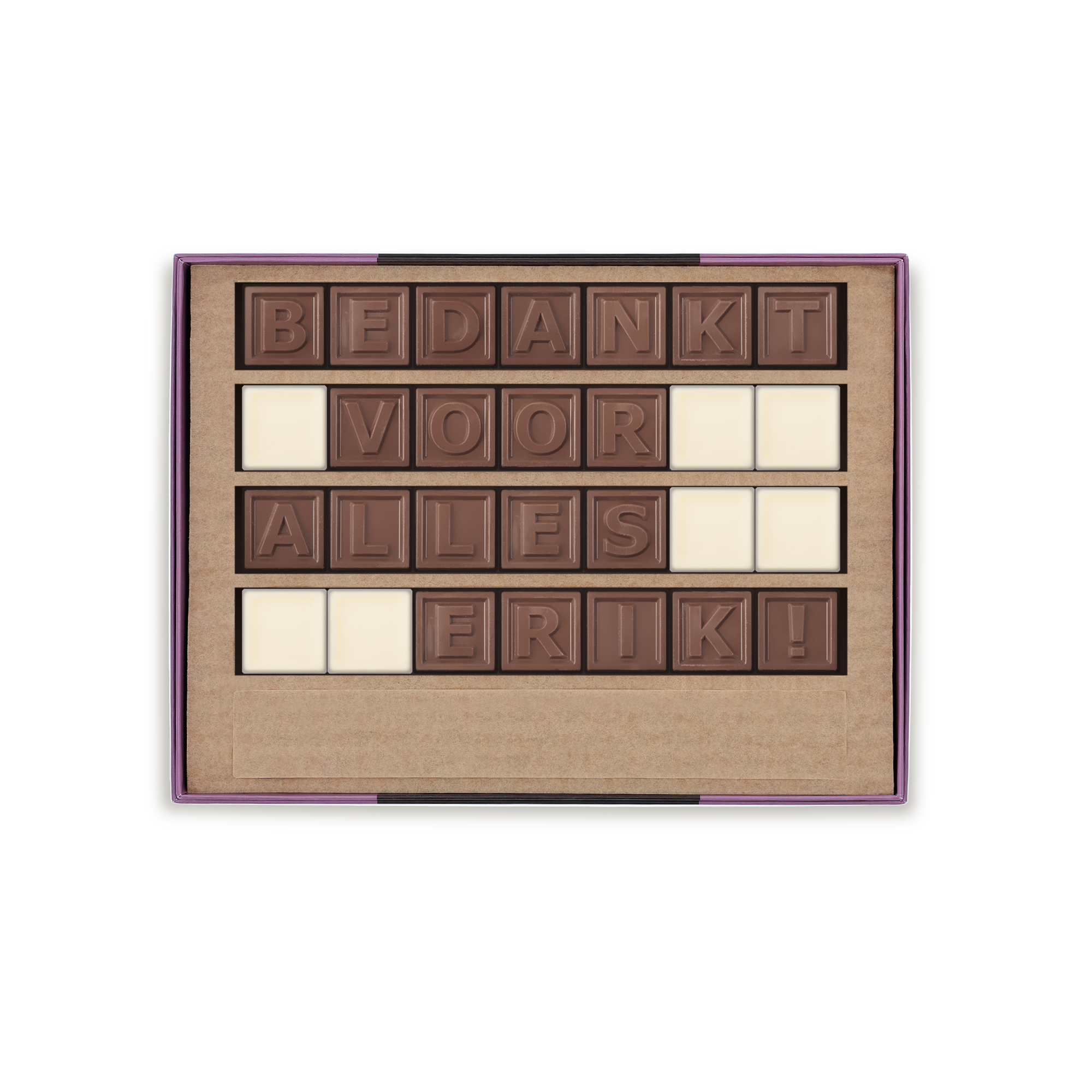 Persoonlijk chocotelegram Bedankt voor alles Erik! van melk- en witte chocolade in een cadeaudoosje.