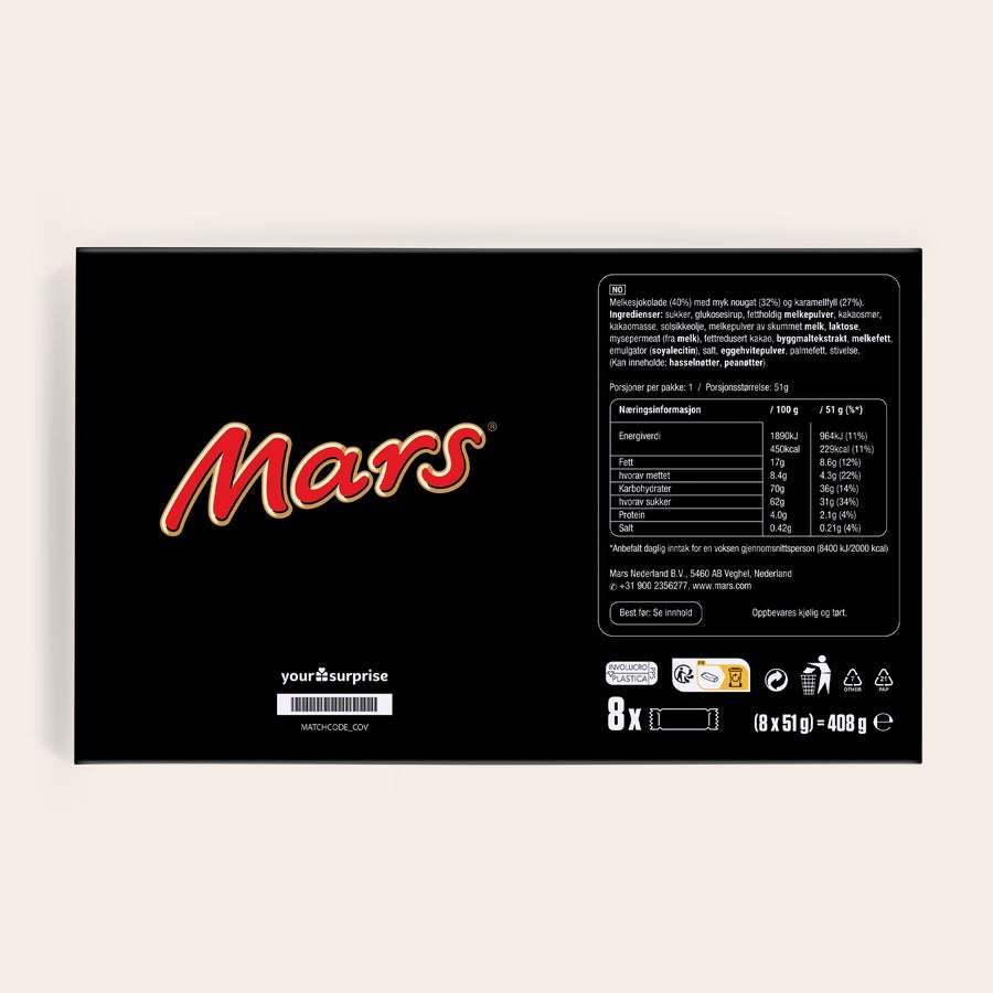 Personlig Mars gaveeske Personlig Mars gaveeske med eget bilde og navn, trykket på esken.