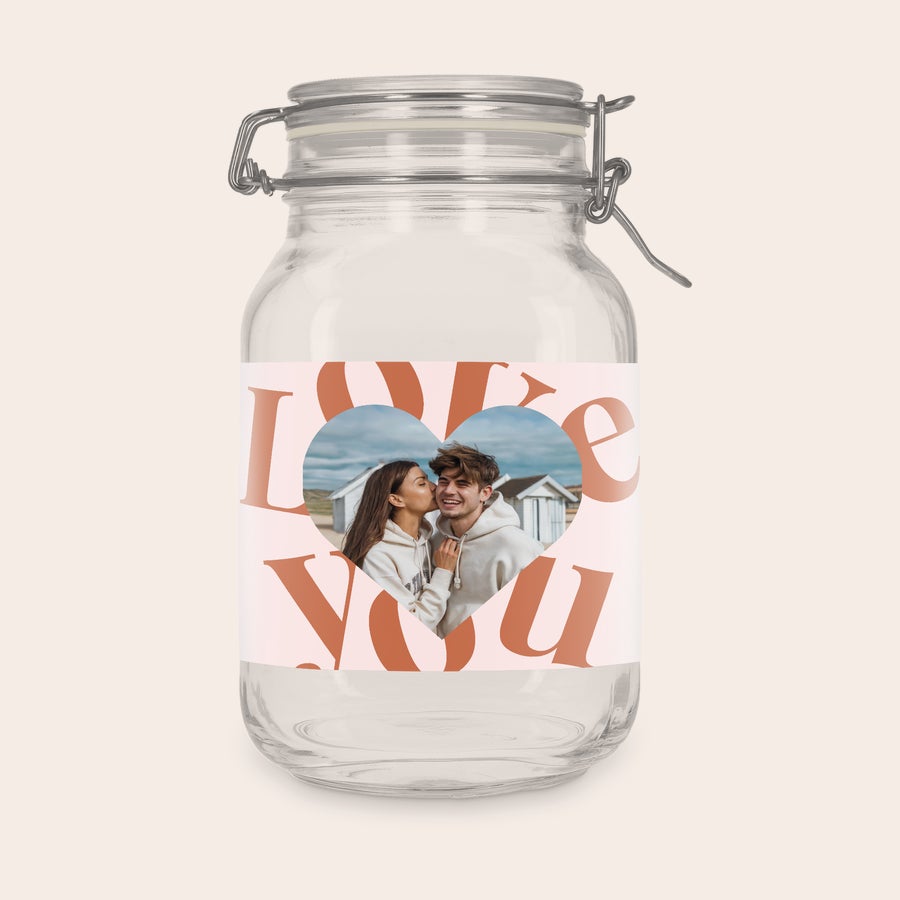 Frasco de vidro com tampa - personalizado Pote de vidro com tampa de 2l personalizado com foto de casal em coração e texto impresso