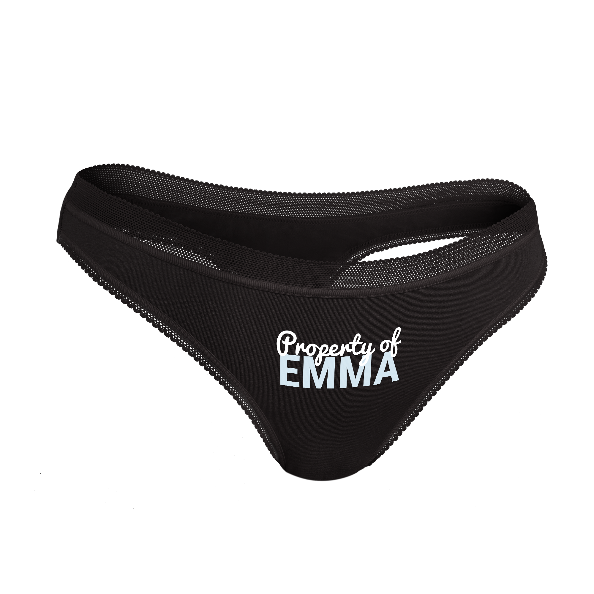 Tanga feminina preta com "Property of Emma" impresso, personalizável com foto ou texto