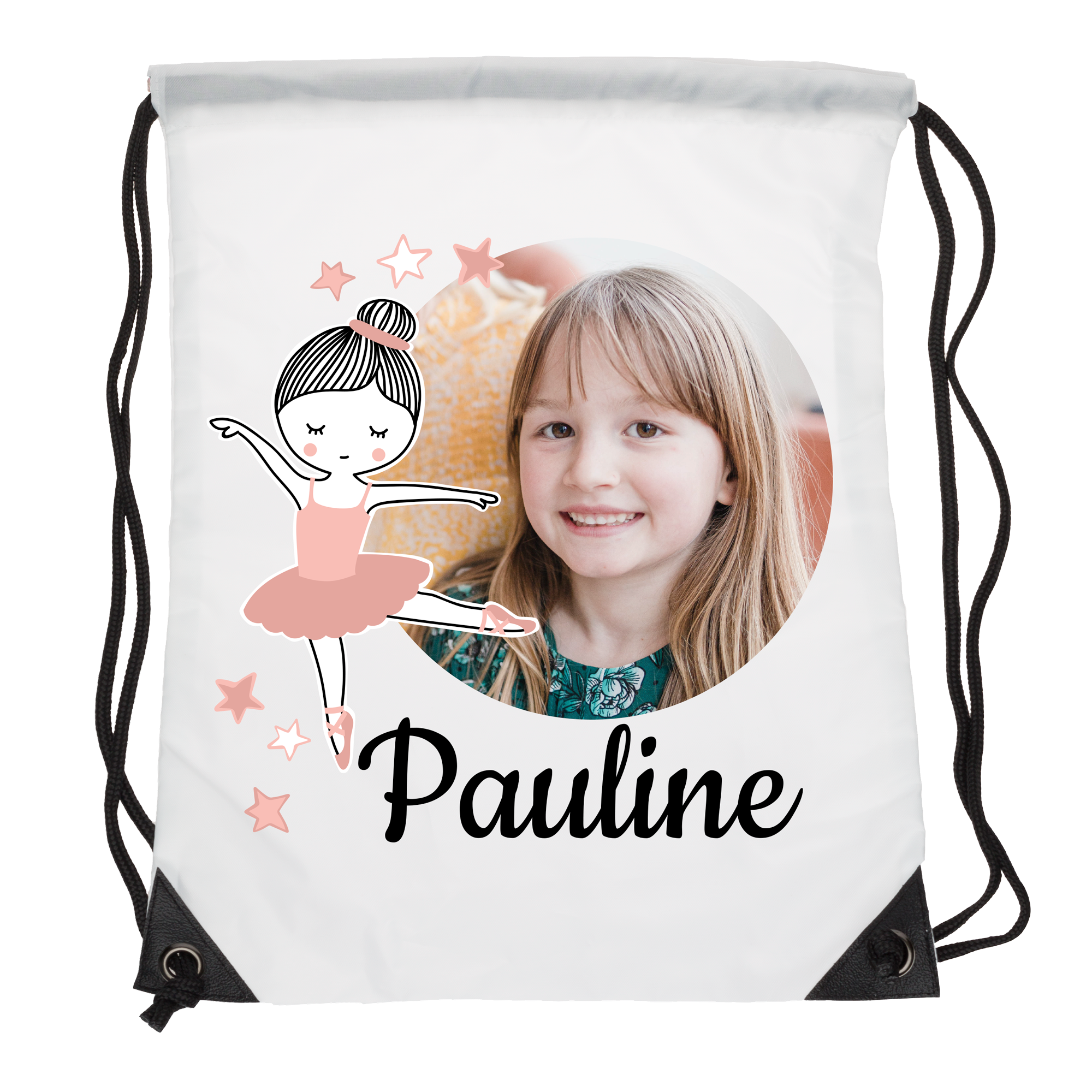 Weißer Turnbeutel mit Pauline bedruckt, einem persönlichen Foto eines lächelnden Mädchens, einer Ballerina-Illustration und Sternen