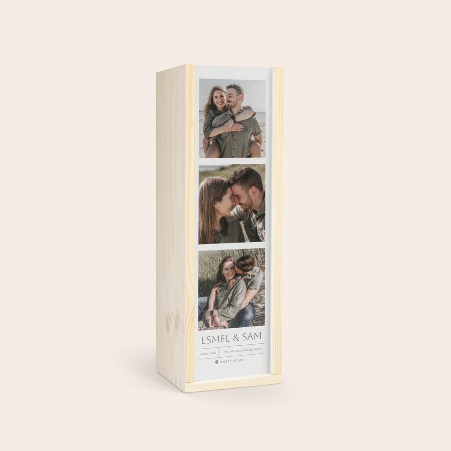 Conhaque Remi Martin VSOP Caixa de madeira personalizada com fotos de casal e nomes impressos para garrafa de conhaque Remy Martin VSOP