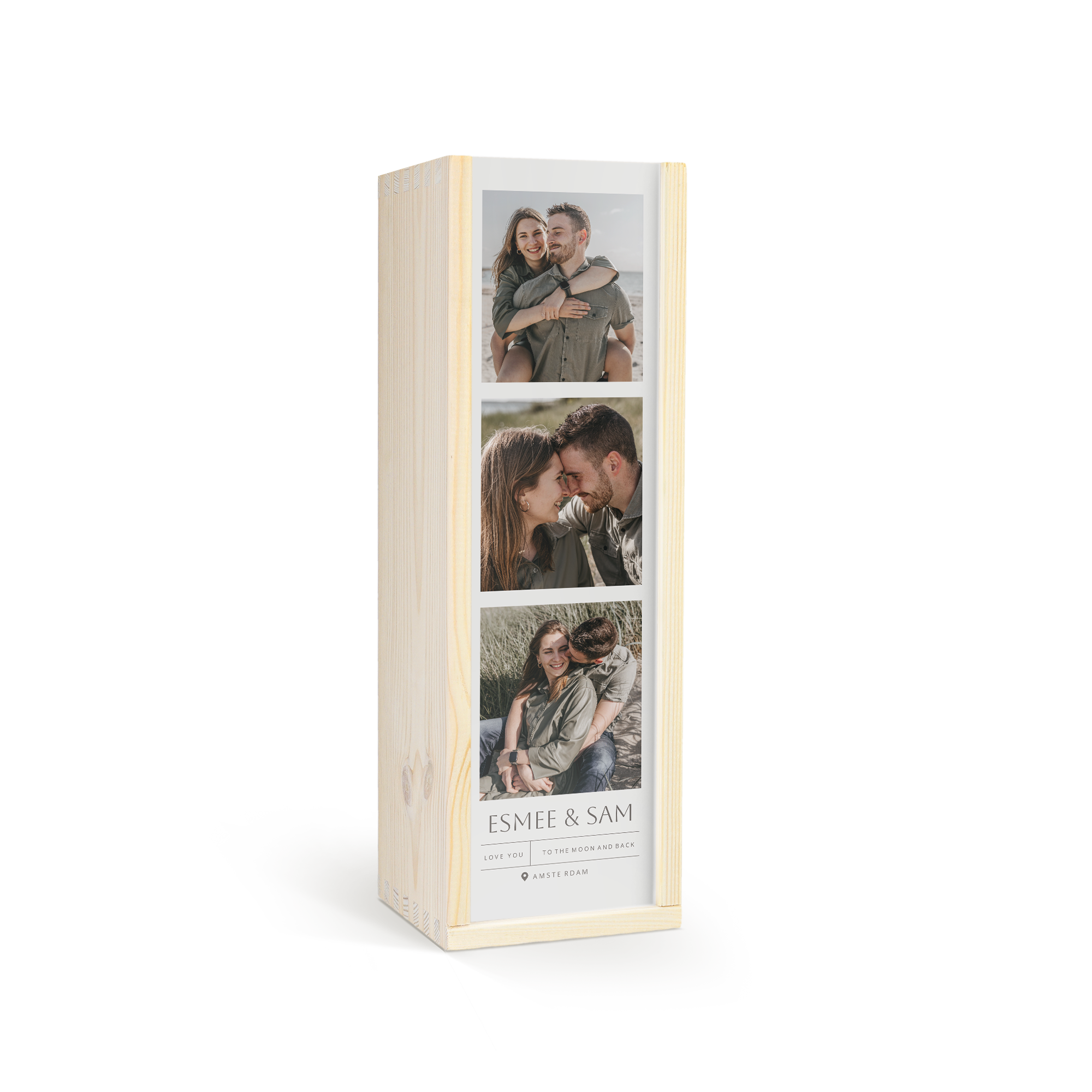 Personalizovaná dřevěná krabice s gravírovaným vlastním textem Esmee & Sam a třemi fotografiemi