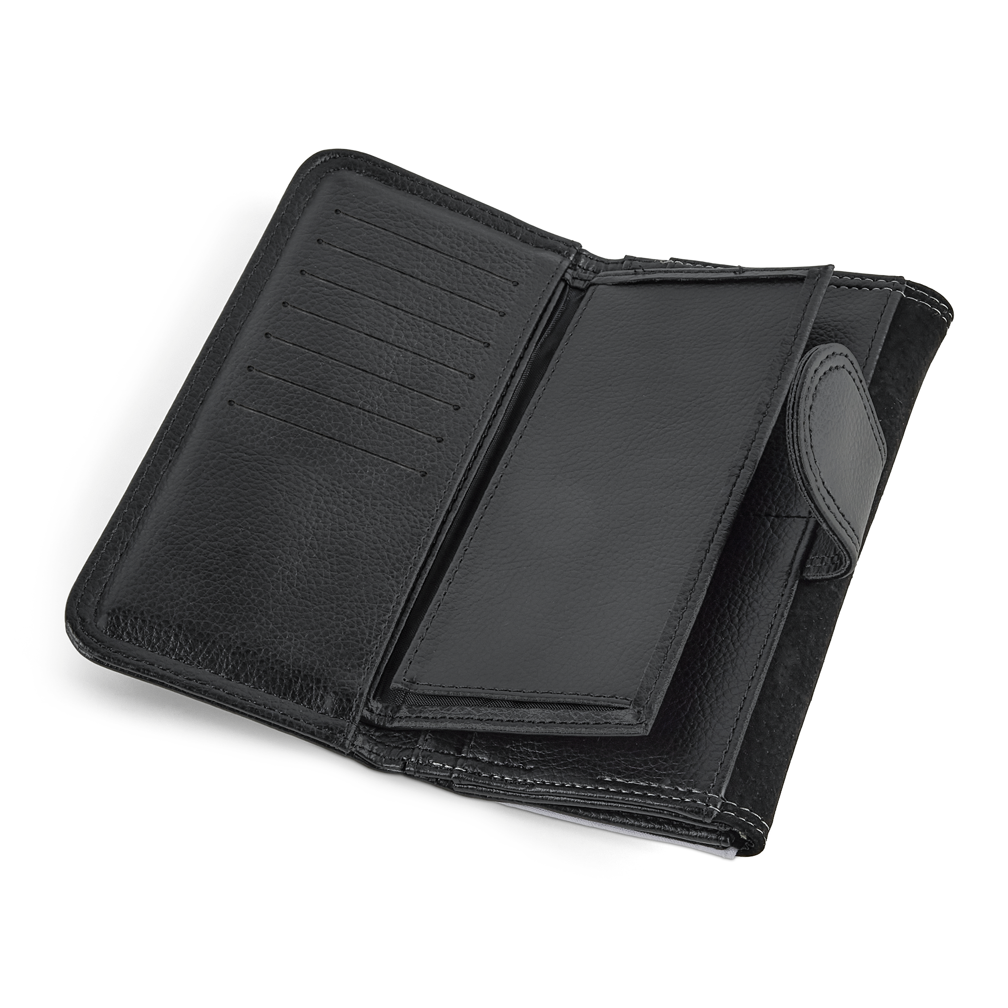 Cartera grande de cuero negro con varios compartimentos y cierre, ideal para personalizar con foto y texto.