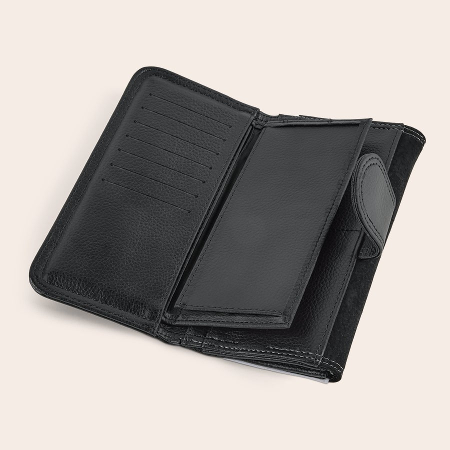 Wallet Open black leather large purse for women with card slots and a zipped compartment ready to personalise with a photo or text