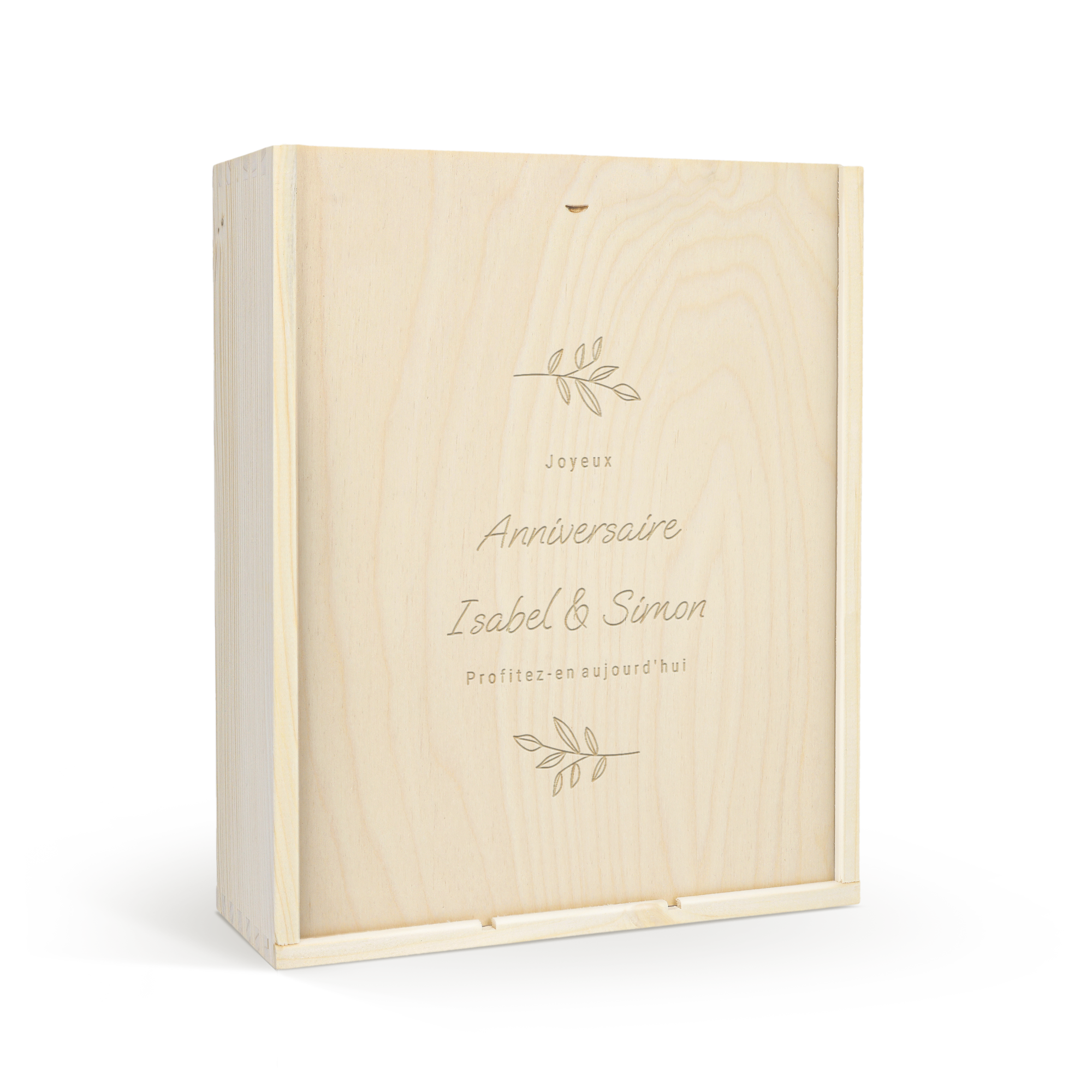 Coffret en bois pour 3 bouteilles Maison de la Surprise, gravé avec Joyeux Anniversaire Isabel & Simon